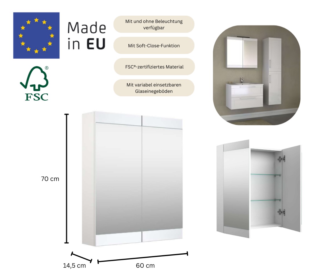welltime Badezimmerspiegelschrank »Serena Retro«, FSC®-zertifiziertes Material, Breite 61,5 cm