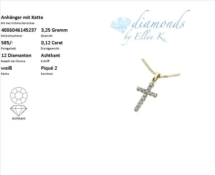 Diamonds by Ellen K. Kette mit Anhänger »Gold 585 Kreuz mit 12x Diamant zus. 0,12ct.«