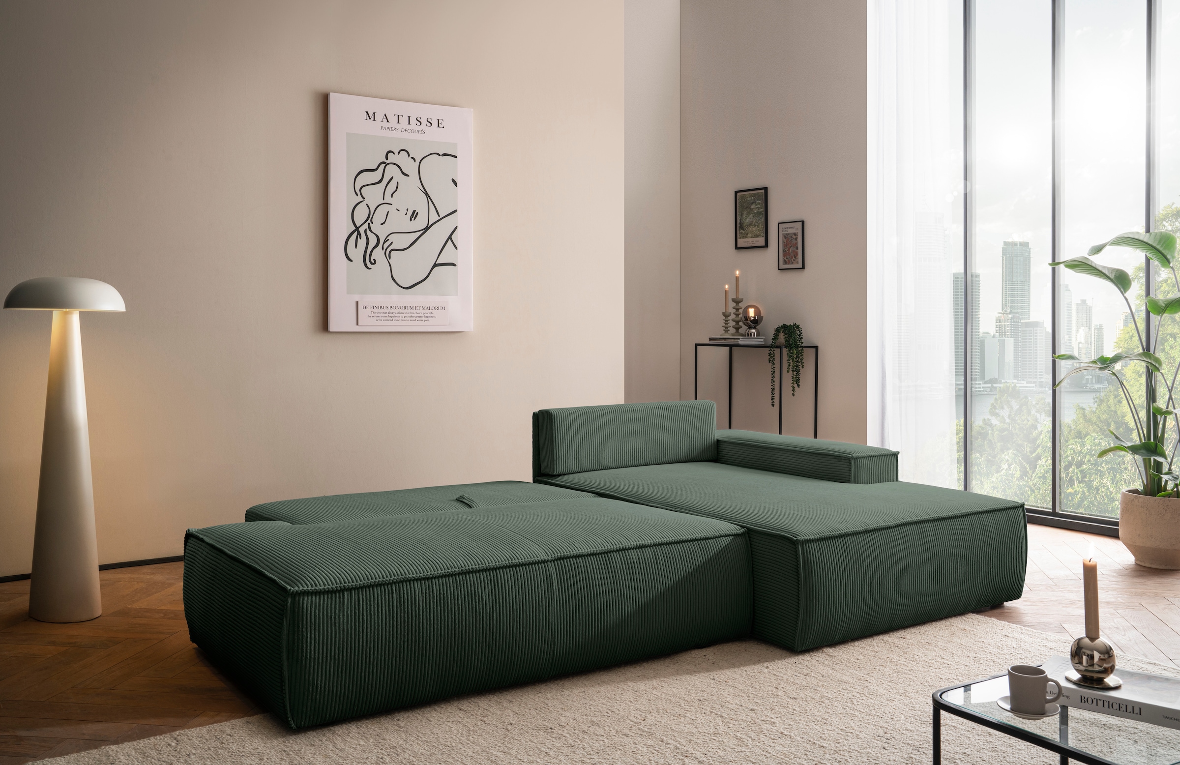 Home affaire Ecksofa »SHERWOOD, Schlafsofa in L-Form offen (275cm), Cord, Leinenoptik«, Schlaffunktion und Bettkasten, Kedernaht, hoher Sitz- & Liegekomfort