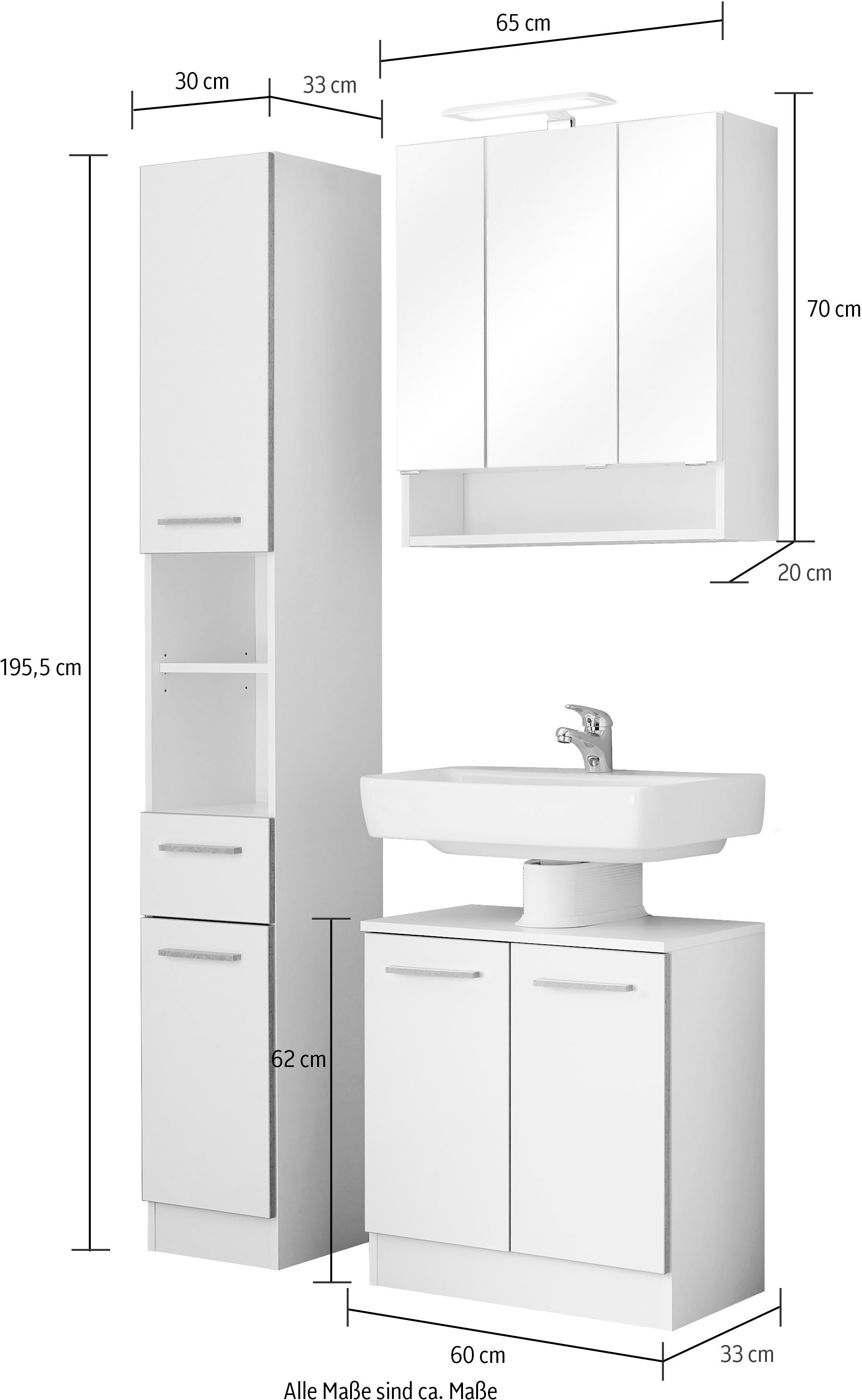 Saphir Badmöbel-Set »Quickset 953 3-teilig, Waschbeckenunterschrank und LED-Spiegelschrank«, (Set), in Weiß Glanz, Badmöbel inkl. Türdämpfer, ohne Waschbecken, 7 Türen