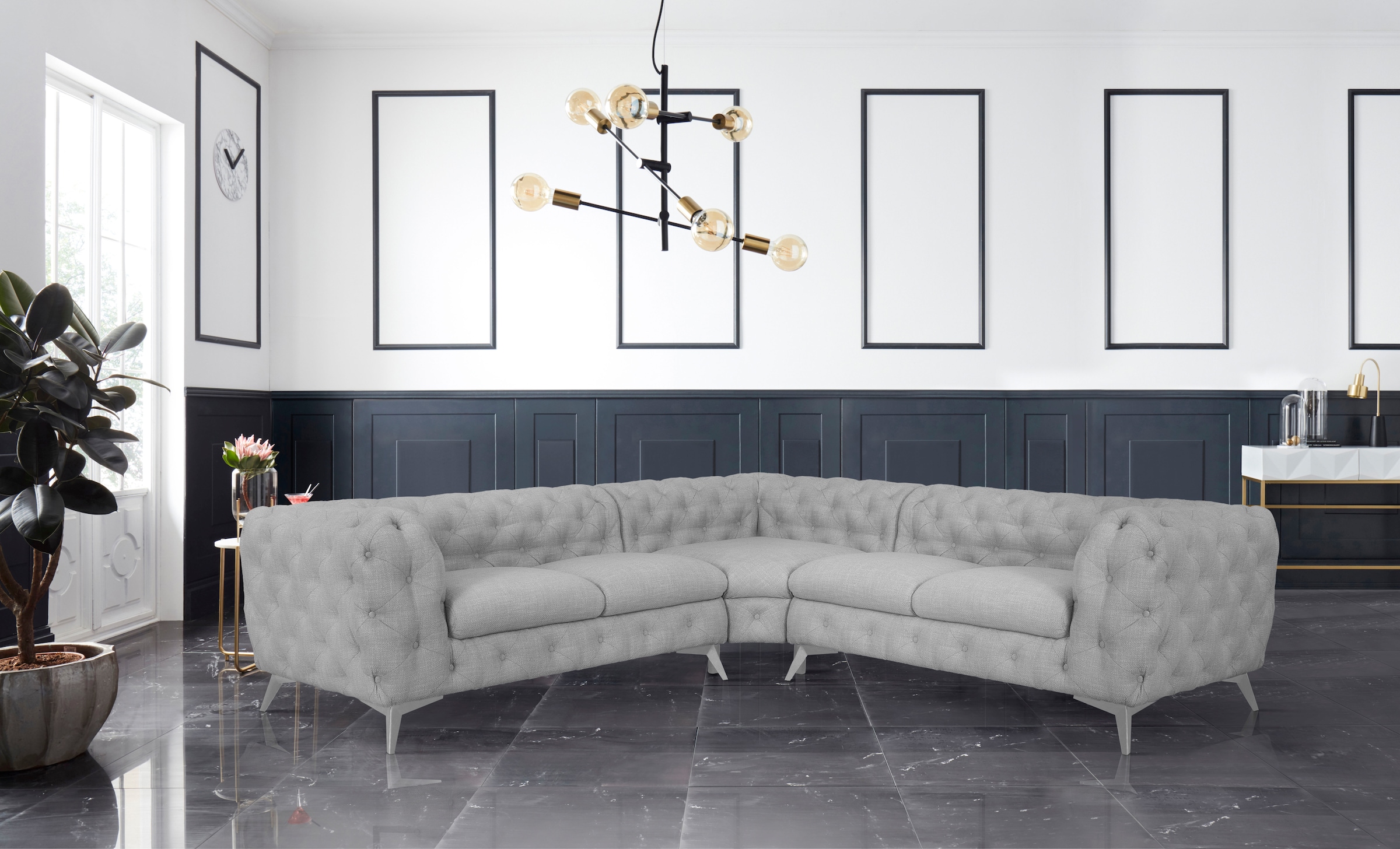 Leonique Chesterfield-Sofa »Ecksofa GLYNIS L-Form mit Wellenunterfederung, Maße B/T/H 264/264/75cm«, aufwändige Knopfheftung, moderne Chesterfield Optik, Fußfarbe wählbar