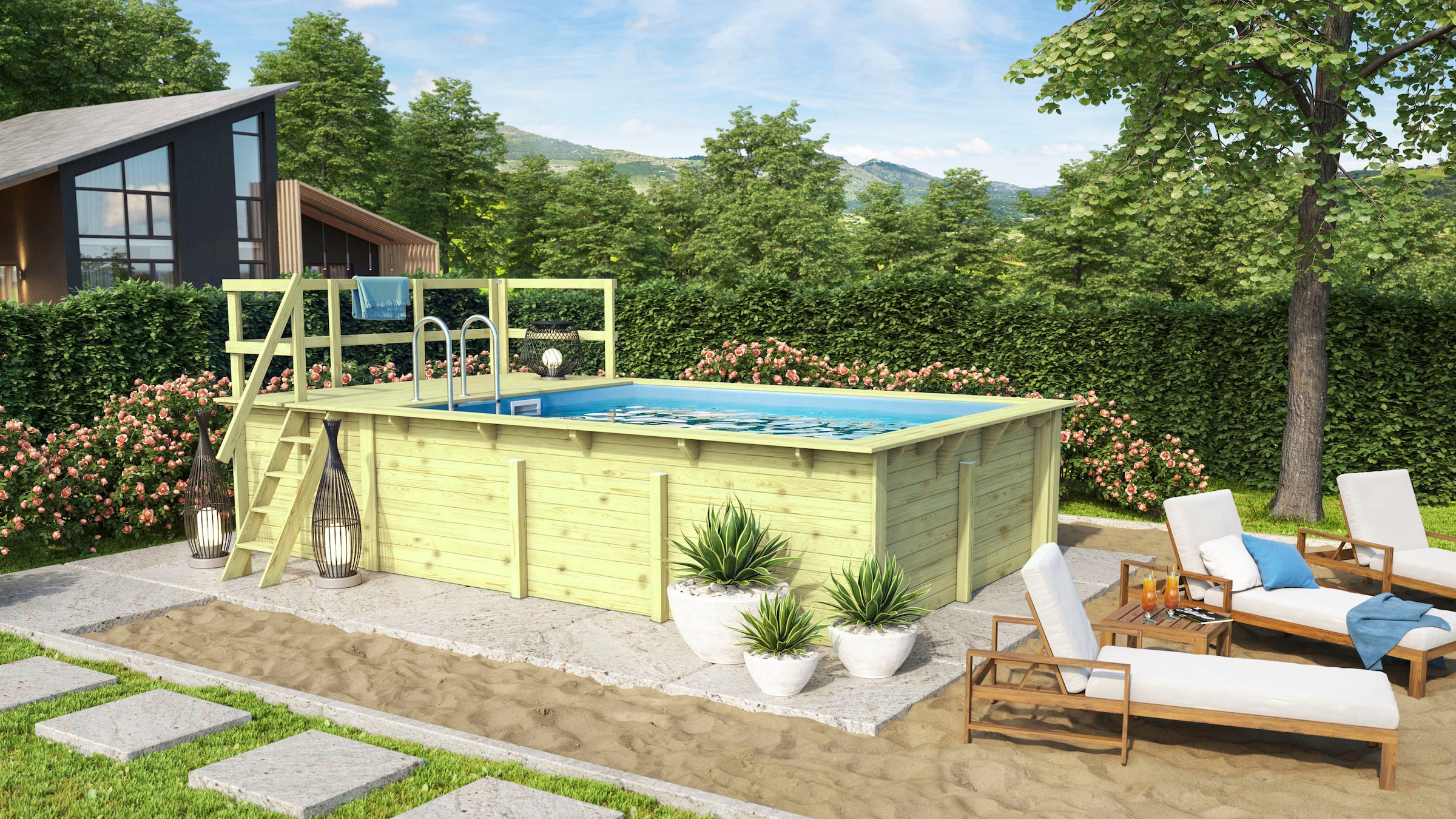 Karibu Rechteckpool »Holzpool Roma A BxLxH: 353x400x124 cm mit Sonnendeck«, (Set), 44 mm starke kesseldruckimprägnierte Holzbohlen aus Fichtenholz