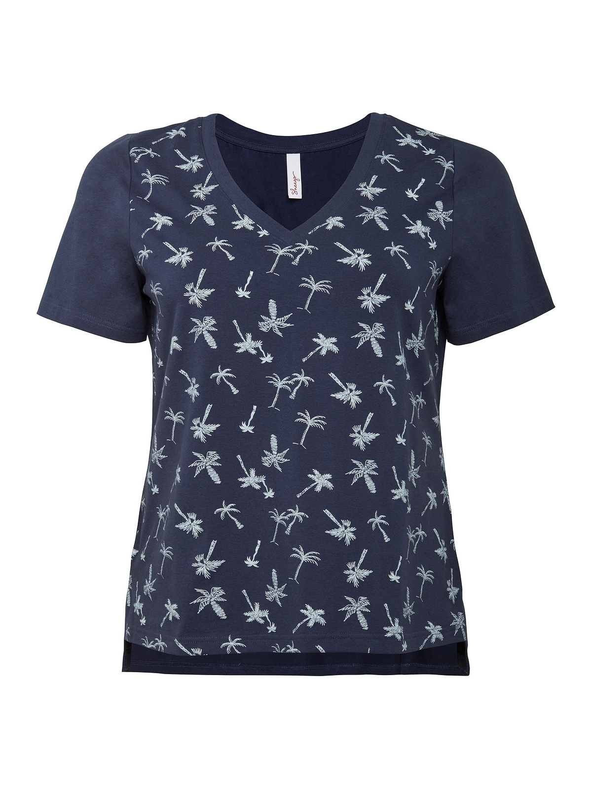 Palmenprint Größen«, V-Ausschnitt Sheego BAUR »Große T-Shirt für und | kaufen tiefem vorn mit