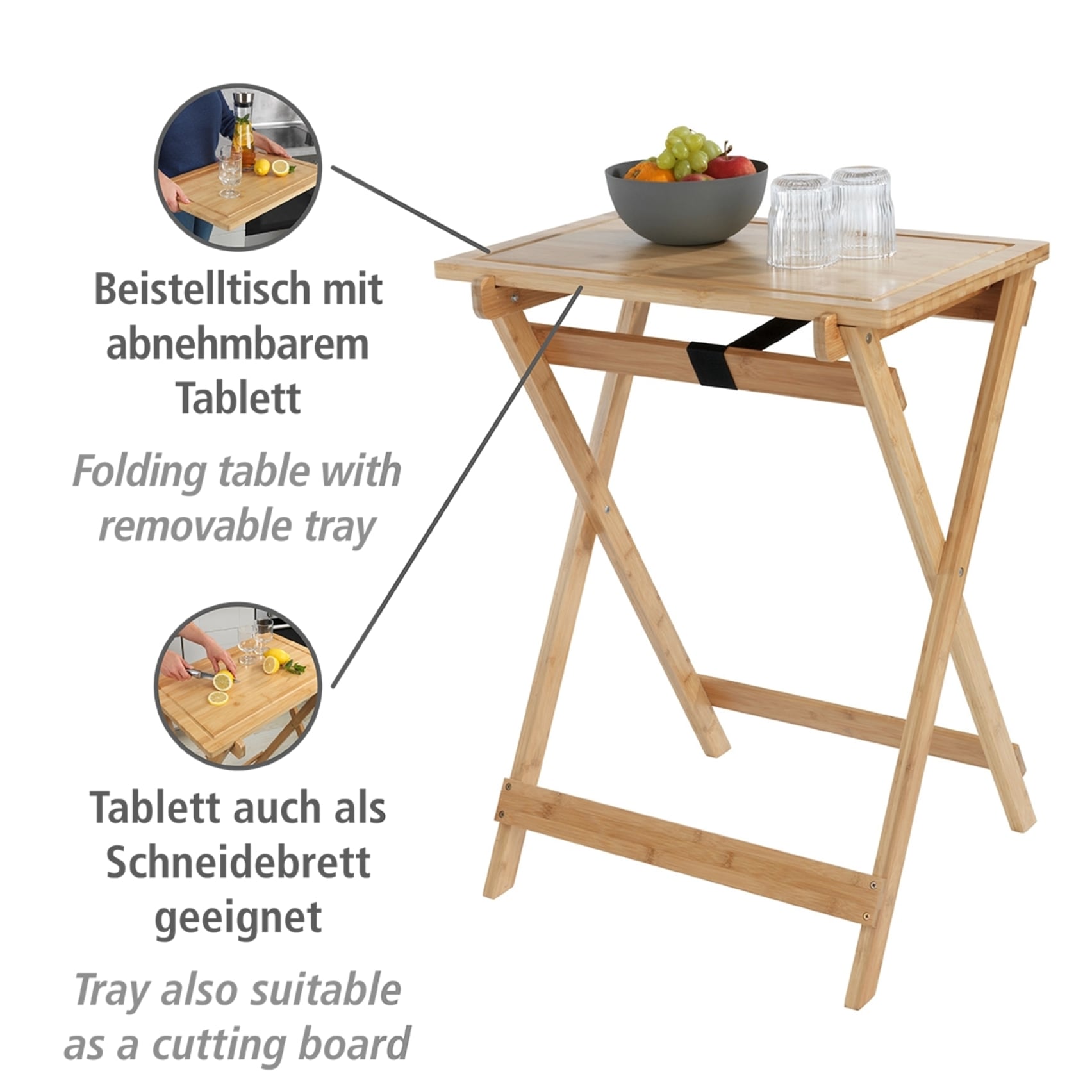 WENKO Klapptisch »Modell Lugo«, Beistelltisch mit Schneideplatte und abnehmbarem Tablett, Bambus