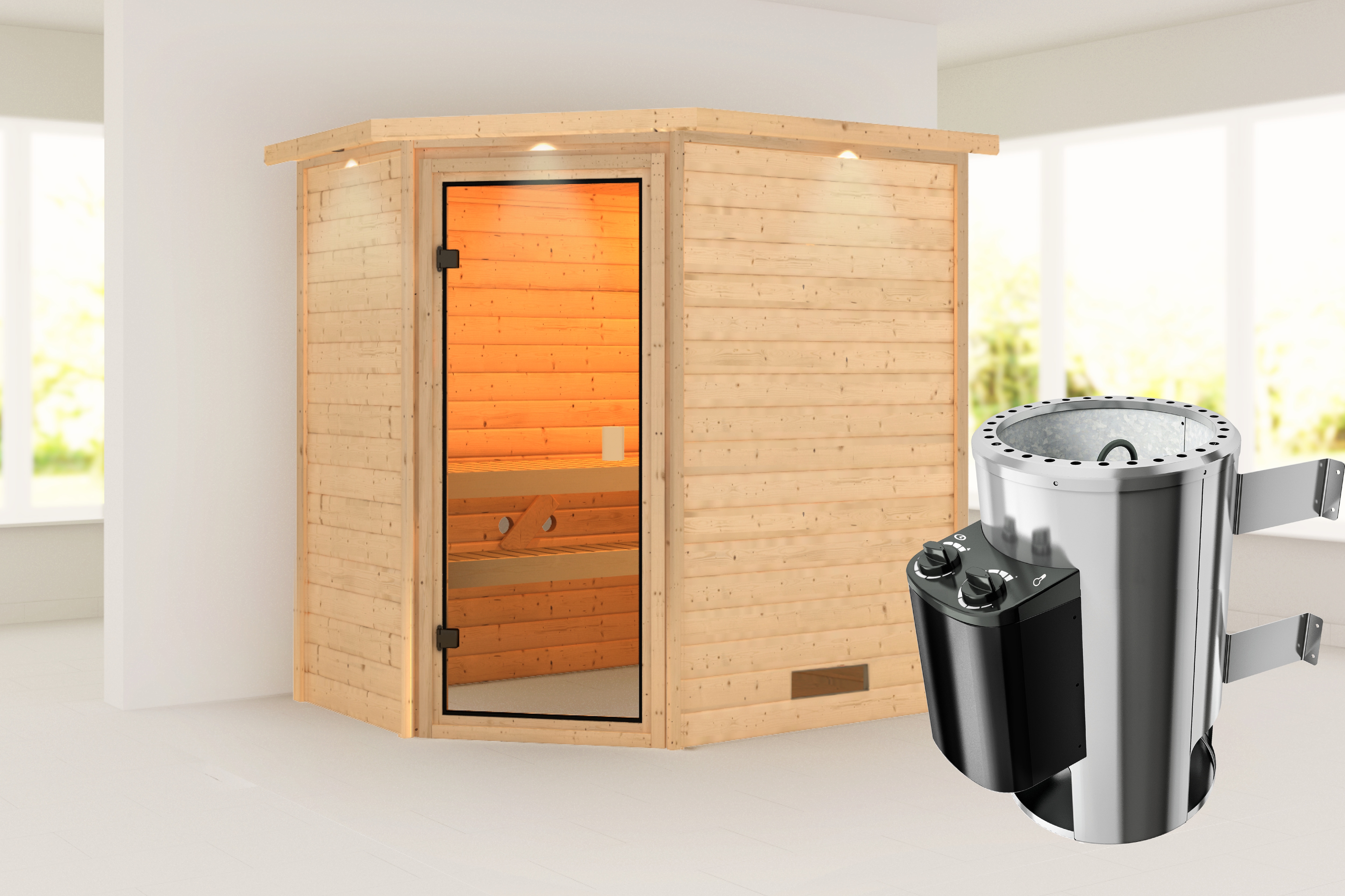 Karibu Sauna ""Juli" mit bronzierter Tür und Kranz, naturbelassen" aus hochwertiger nordischer Fichte