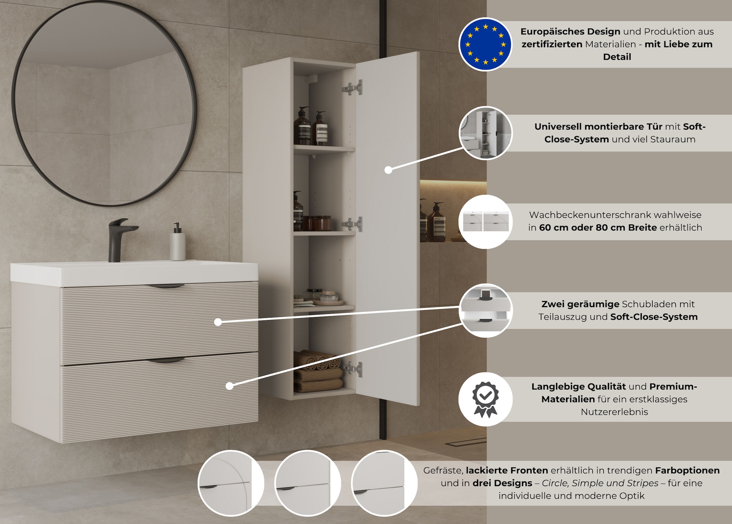 welltime Waschtisch »FLOW SIMPLE mit Waschbecken, Breite 60 oder 80cm, modernes Design« Schrank mit 2 Schubladen, Soft-Close-Function, in 2 Breiten erhältlich