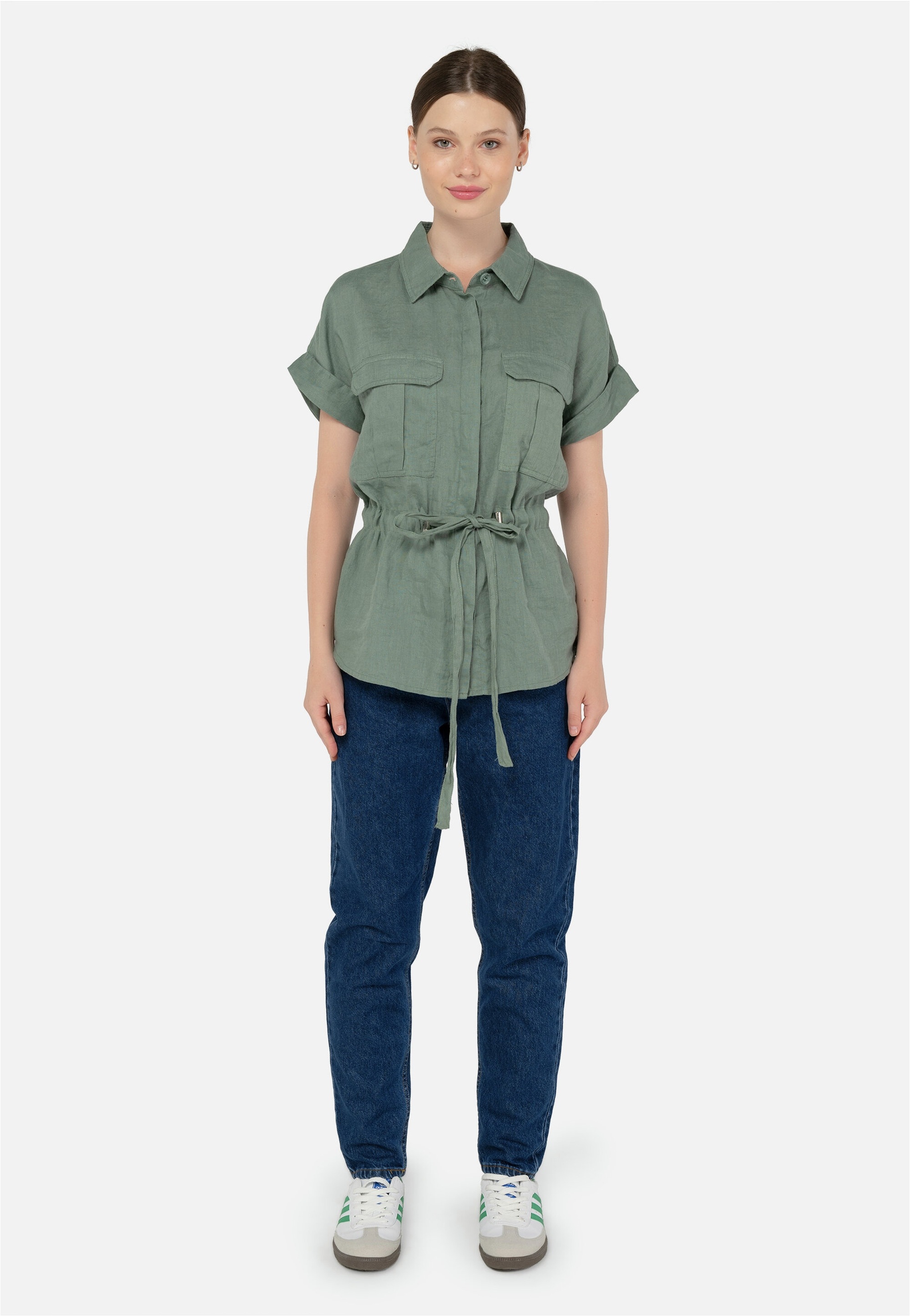 FRESHLIONS Damen Klassische Bluse "Zoey", grün, Gr. M, unifarben, 100% Leinen, Blusen, mit Bindeband in der Taille