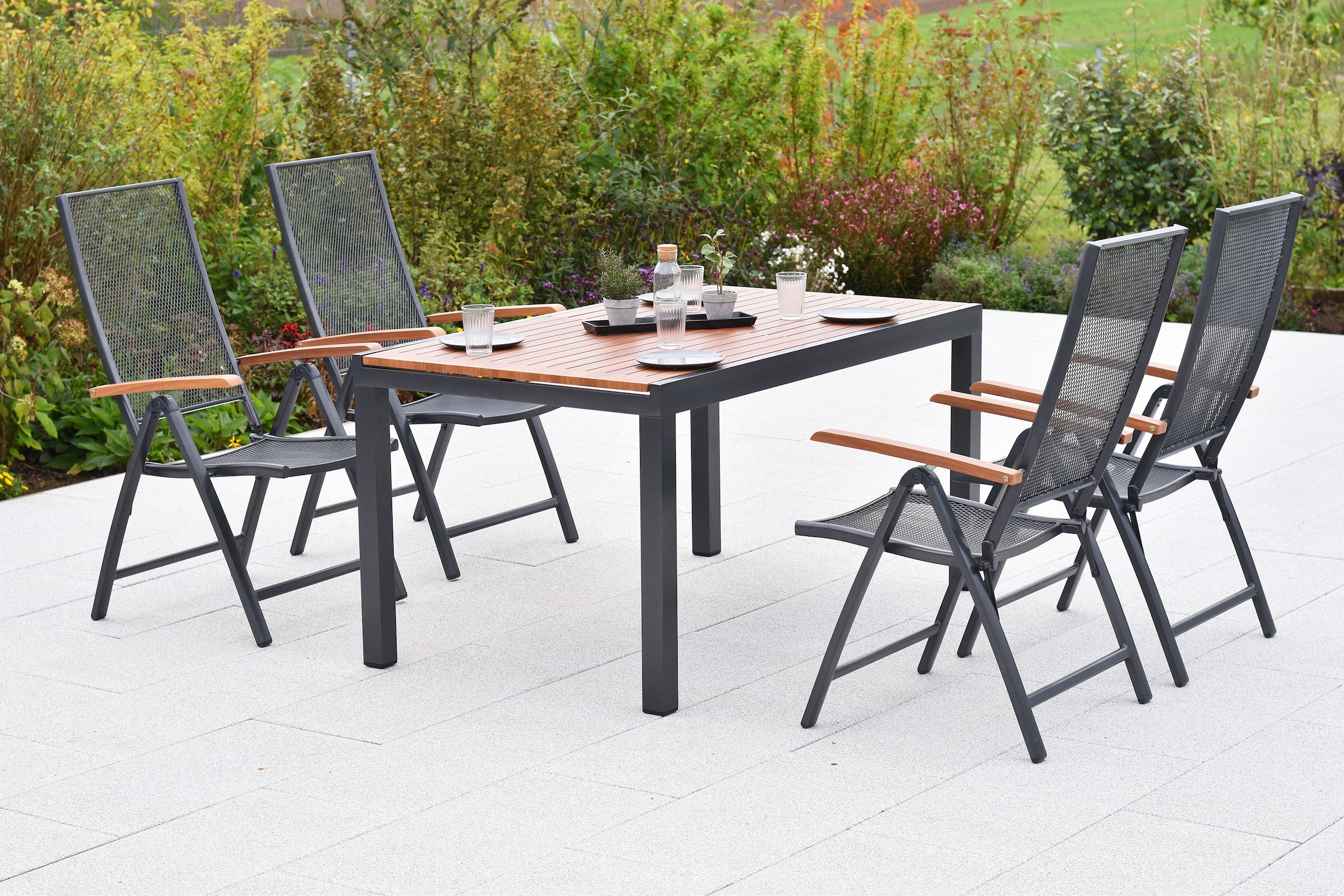MERXX Garten-Essgruppe »»Thasos««, (Set, 5 tlg.), folierte Armlehnen und Tischplatte in Holzoptik