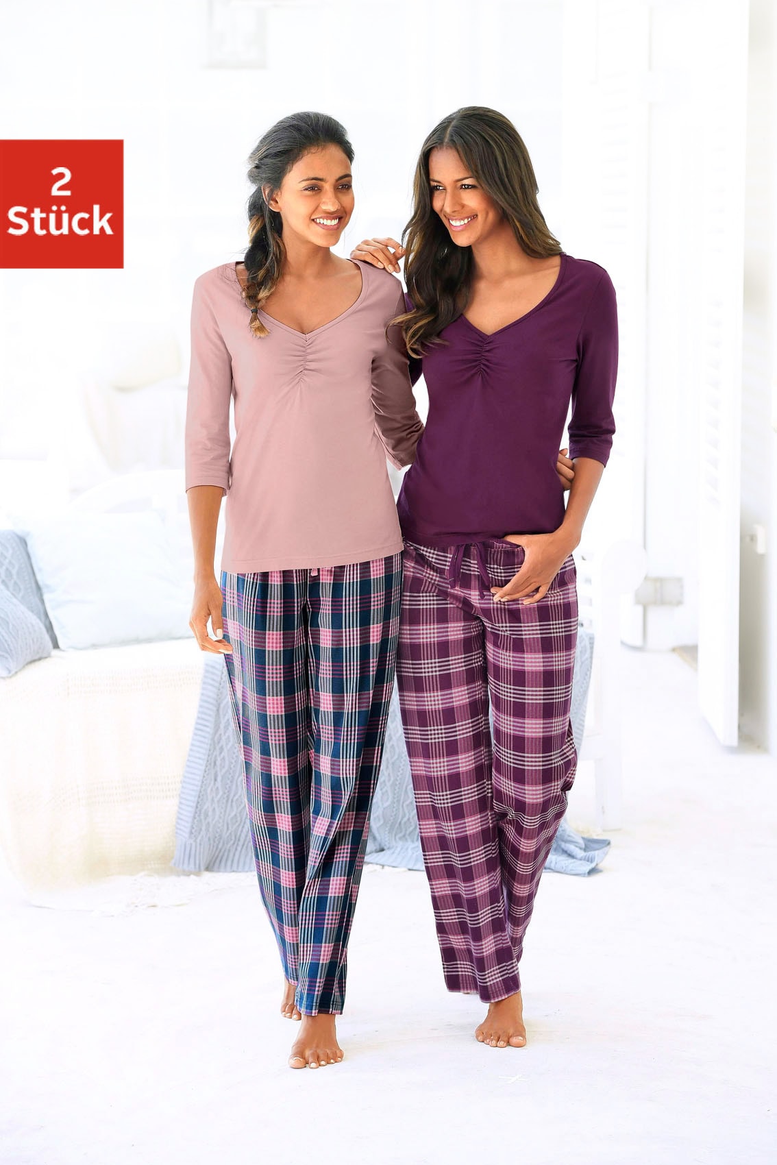 Vivance Dreams Pyjama, 4 Stk. mit karierter Hose günstig online kaufen