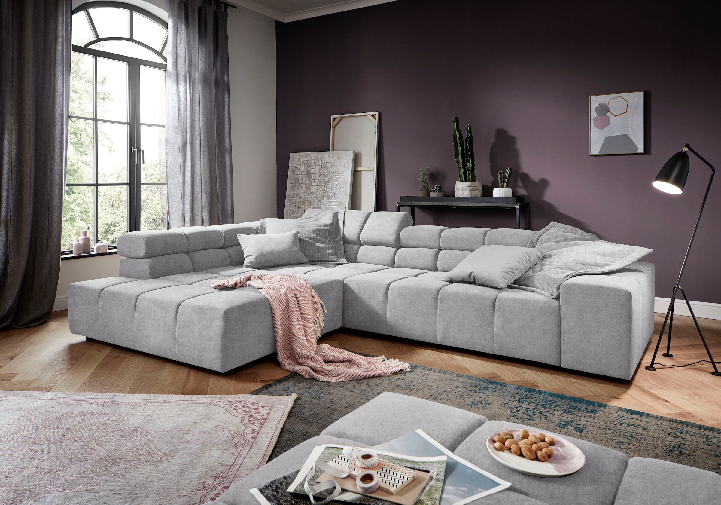 INOSIGN Ecksofa »Ancona incl. Kopfteilverstellung, Zierkissen Breite 319cm, L-Form«, wahlweise motorische Sitztiefenverstellung, auch in Cord + Easy Care