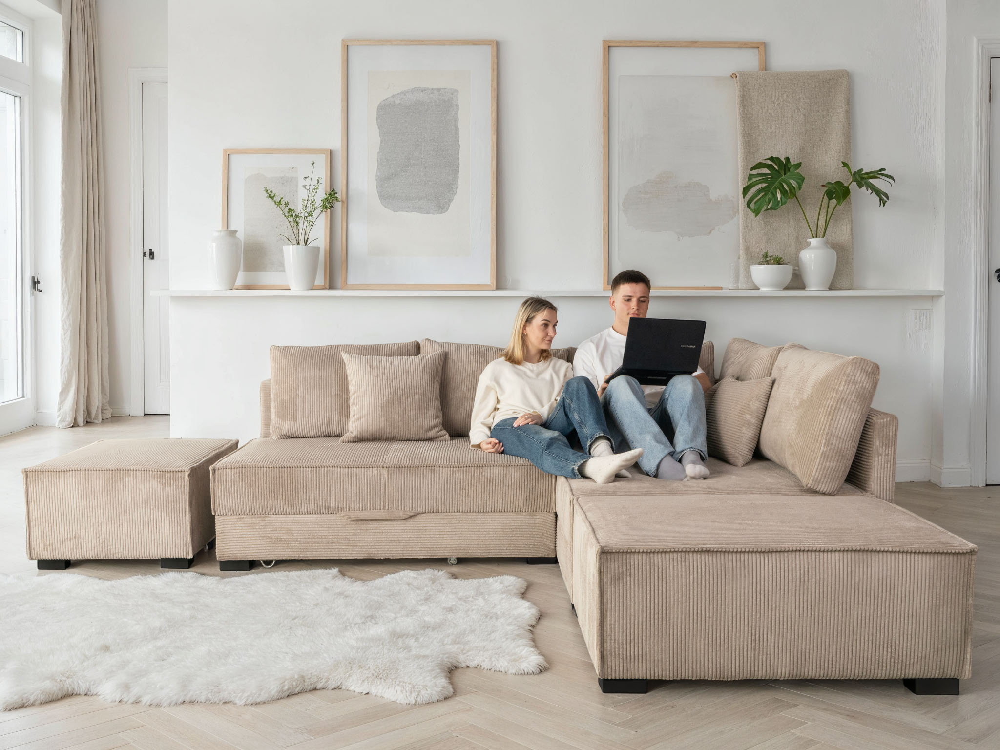 Home affaire "Night & Day L-Form, B: 316 cm mit Dauer-Schlaffunktion 180x200 cm" Set: Sofa & Hocker, Schlaffunktion, Bettkasten & Kissen, Boxspringbett
