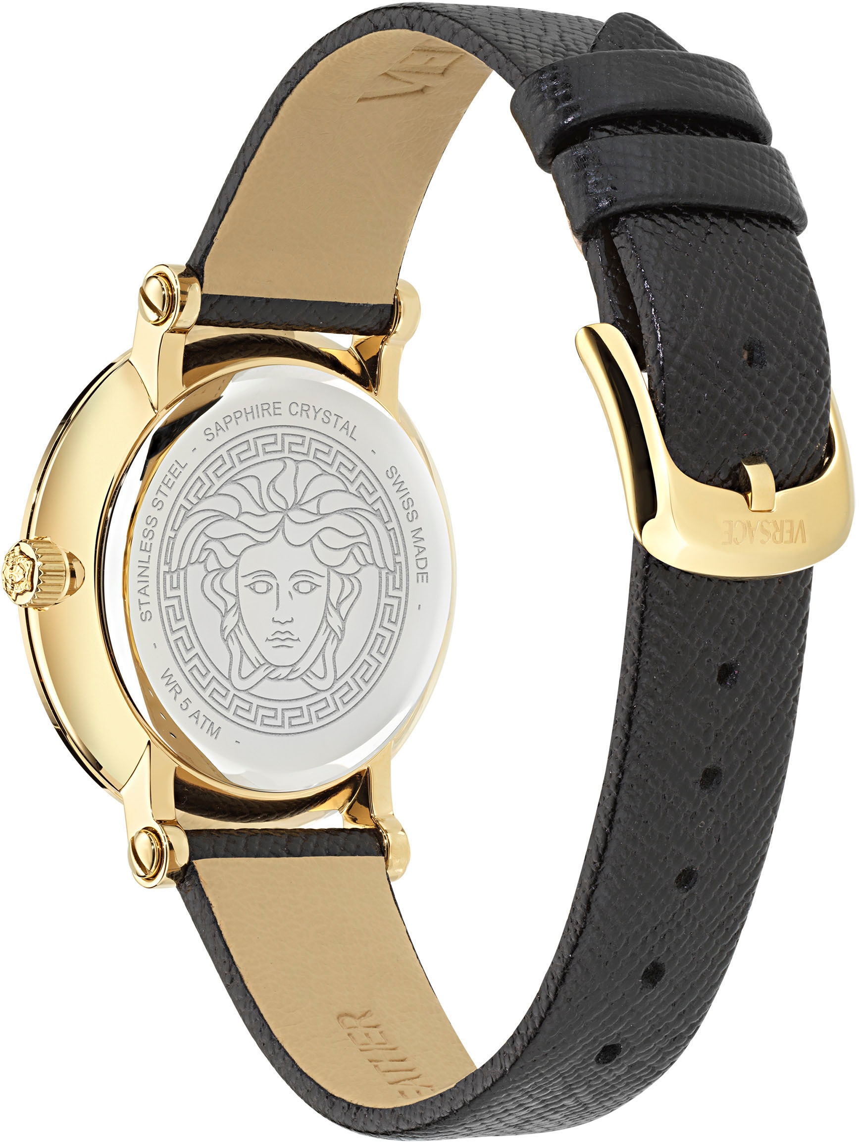 Versace Quarzuhr »GRECA SPHERE«, Armbanduhr, Damenuhr, Swiss Made, Saphirglas, Lederarmband, analog