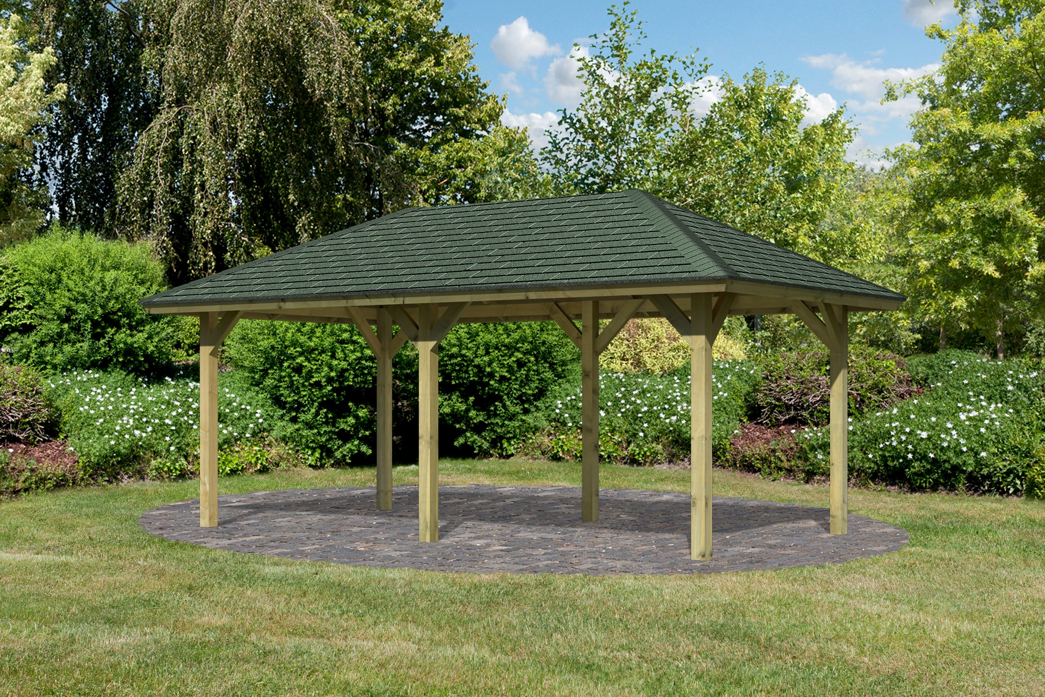 Karibu Pavillon »Bergen 2«, (Set), BxTxH: 338x592x290 cm, mit grünen Dachschindeln