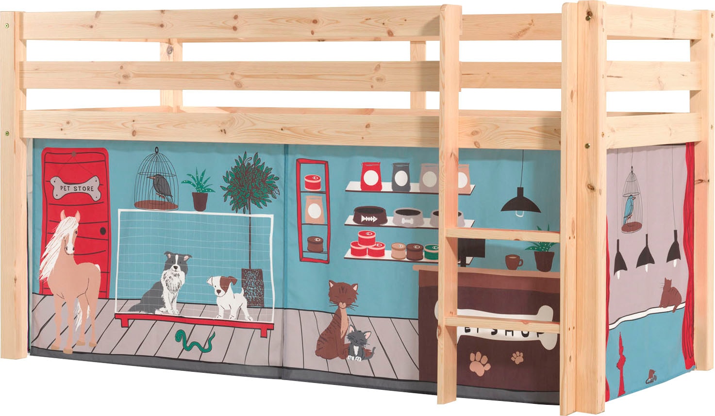 Vipack Spielbett "Pino, Kiefer massiv, mit Rolllattenrost u. Textil-Set, Made in Europe" B/H/T ca. 210x114x106cm, mit Leiter und Absturzschutz, verschiedene Textil Dessins, 3 Gestellfarben zur Wahl
