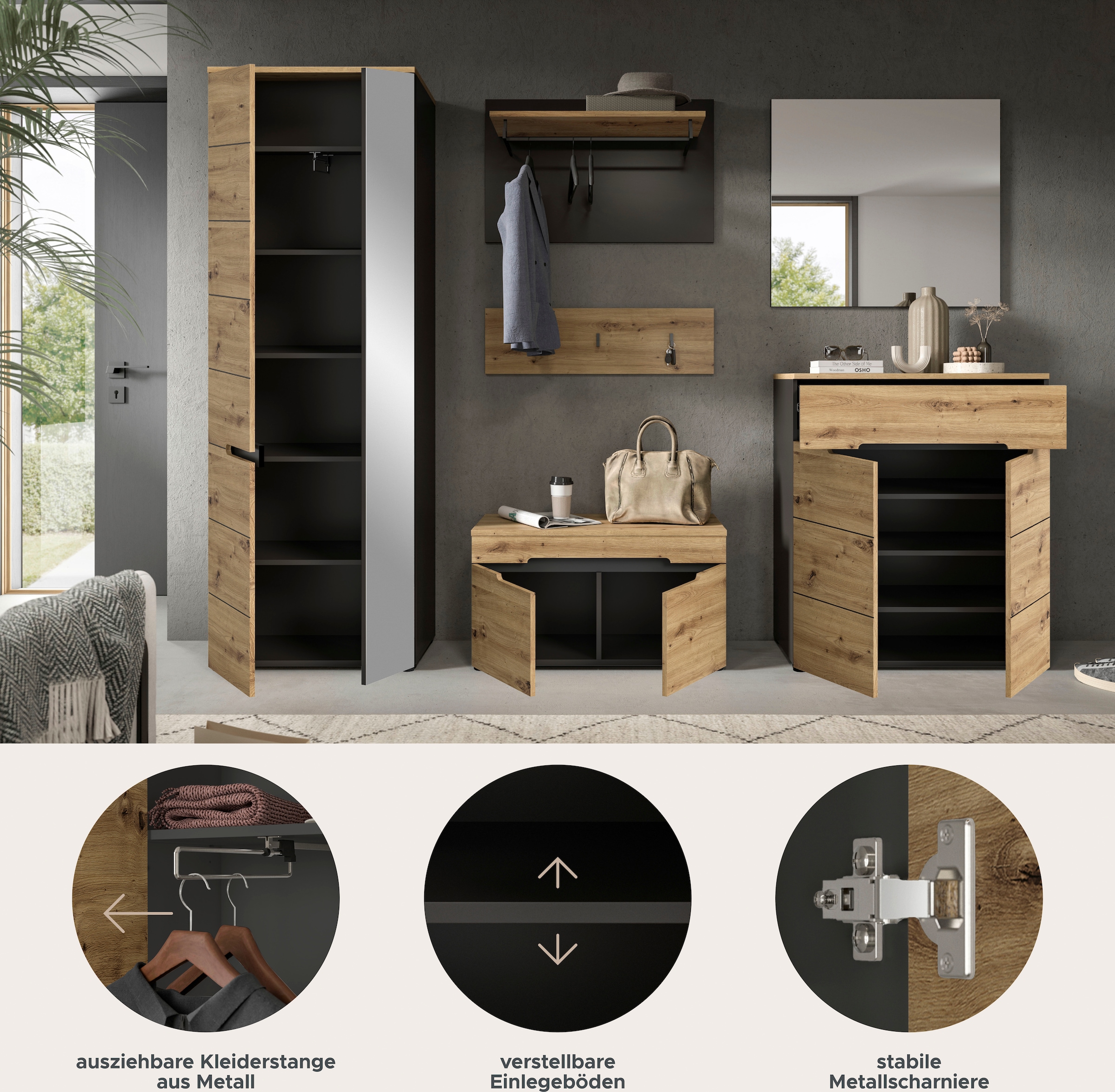 INOSIGN Garderoben-Set »Garderobenkombination Rehat, Breite 255cm,in Basalt grau/Artisan Eiche«, (6 St.), Flurmöbel, Dielenmöbel, Kombination, Diele, Garderobe, Garderobenmöbel