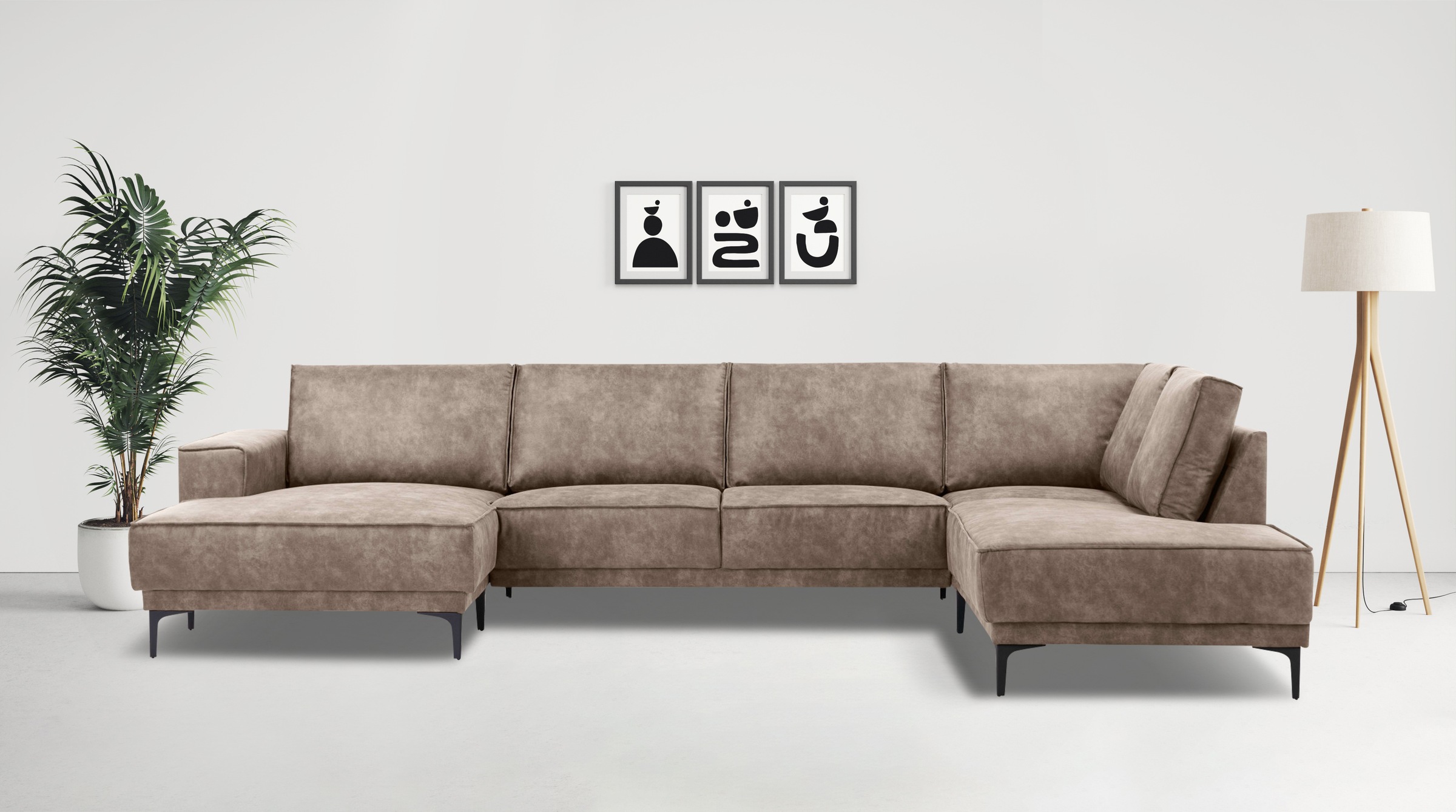 OTTO home Wohnlandschaft "OLAND Luxus-Microfaser U-Form, XXL, B: 345 cm, Skandi-Design" U-Form, 345 cm, Wellenunterfederung, Skandi-Design, Metallfüße