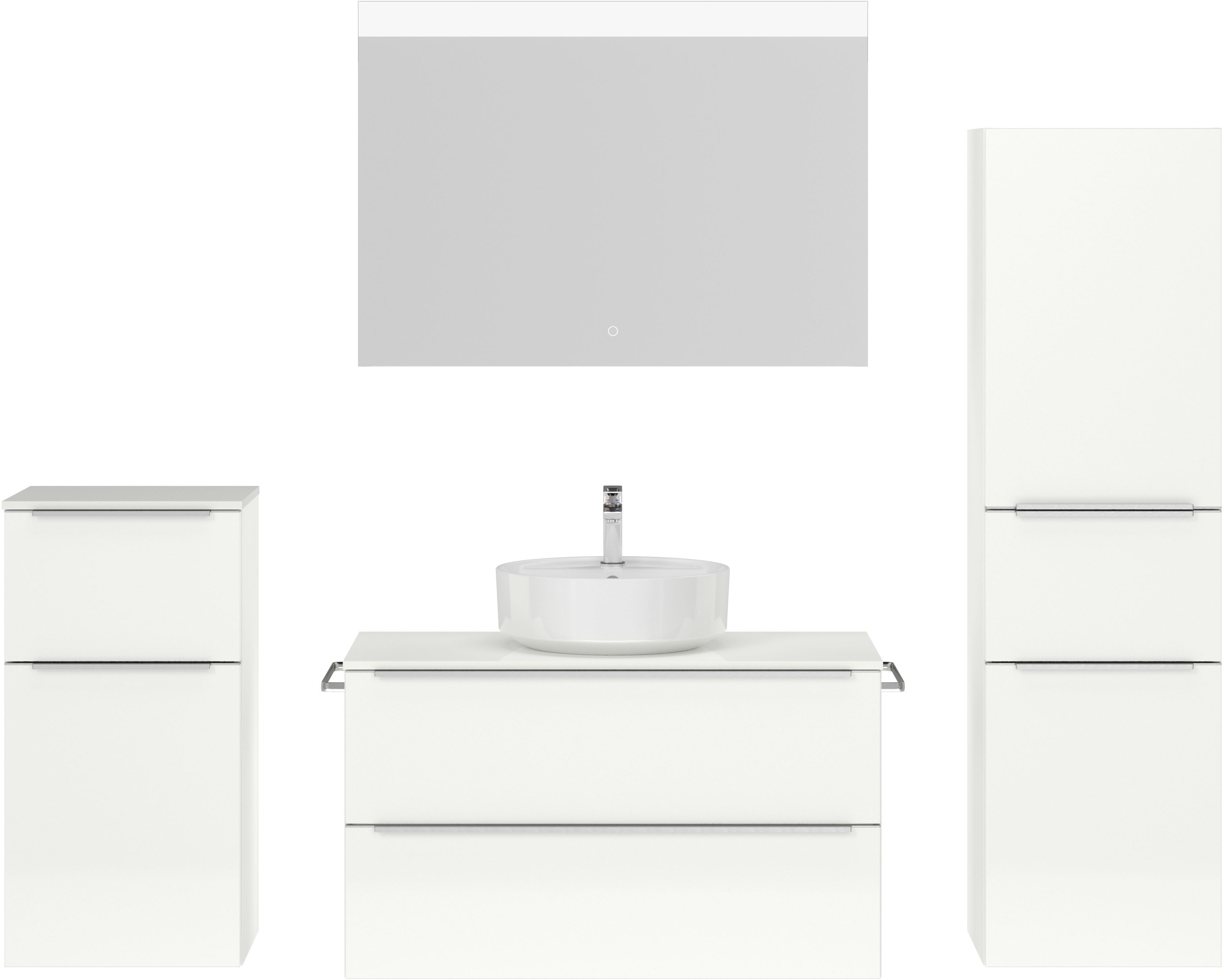 Badmöbel-Set NOBILIA, B:210cm H:184,2cm T:48,5cm, weiß, Kastenmöbel-Sets, "Alvene", Hochglanz, inkl. Spiegel mit Touch-Sensor, in vier Breiten