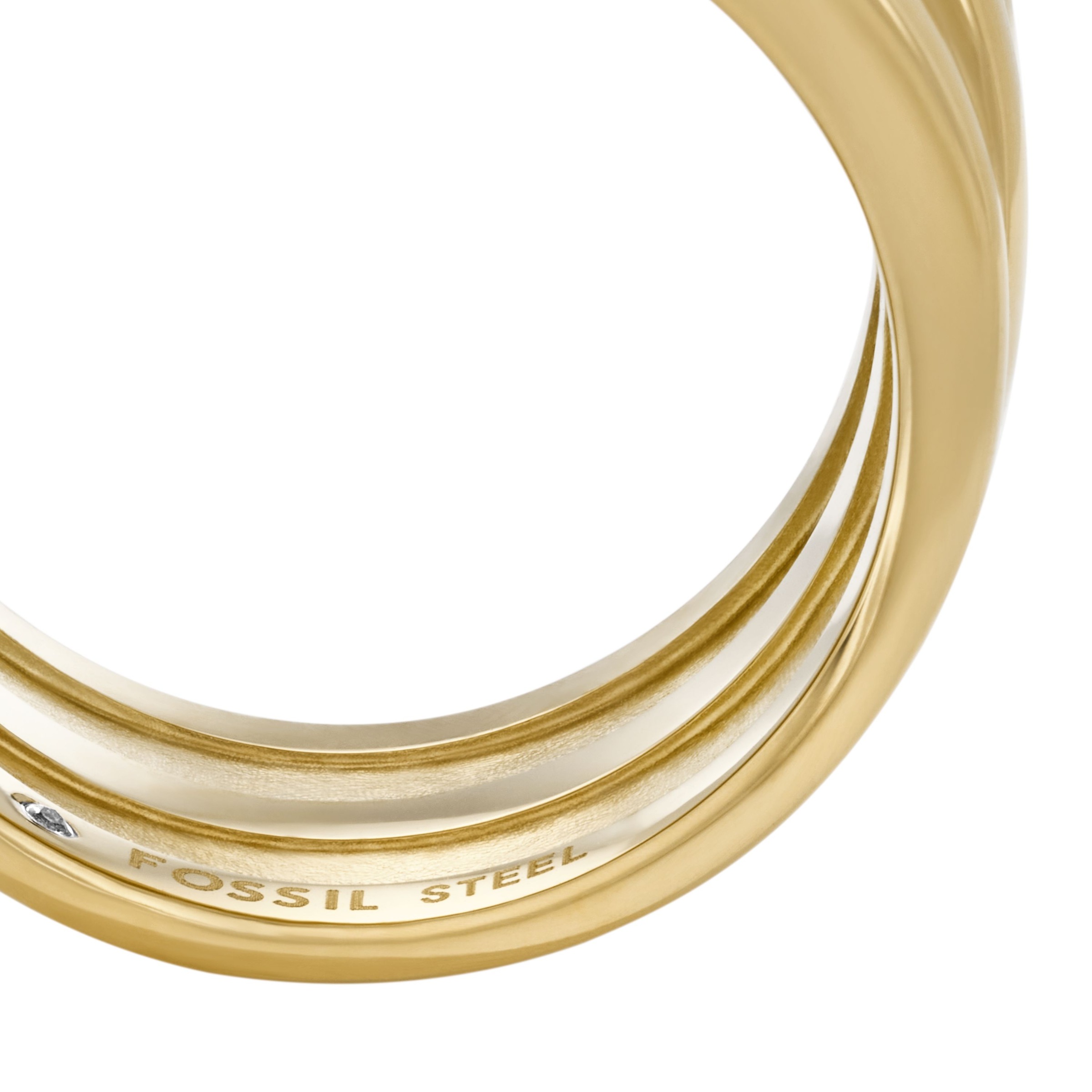 Fingerring FOSSIL "Schmuck Geschenk Edelstahl Ring SADIE" Gr. 19, gold (gelbgoldfarben, kristallweiß), Fingerringe, Damen, 19, Edelstahl, 11mm, Fingerring, mit Glasstein 4