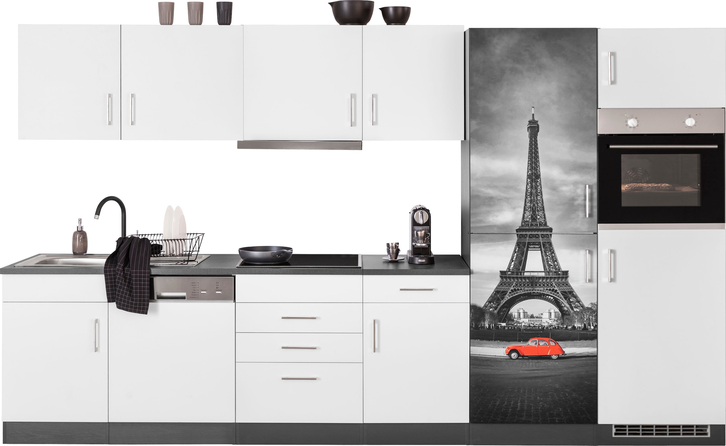 KOCHSTATION Küchenzeile "KS-Paris – Küchen mit einzigartigen Fotomotiven auf den Fronten" Breite 340 cm, wahlweise mit E-Geräten und Induktion