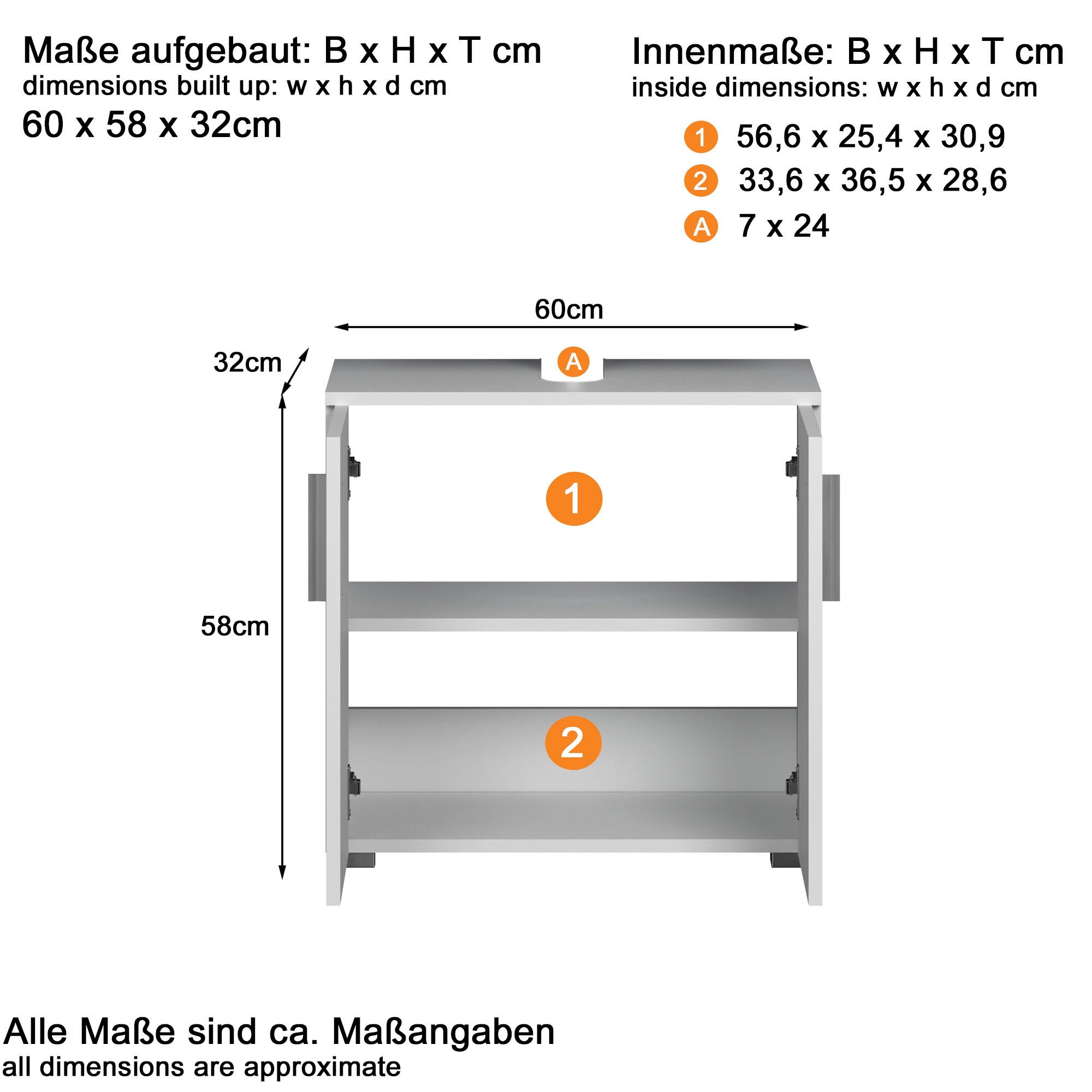 welltime Waschbeckenunterschrank »Prag«, (1 St.), Waschbeckenunterschrank mit 2 Türen - (B/T/H) 60/34/58 cm