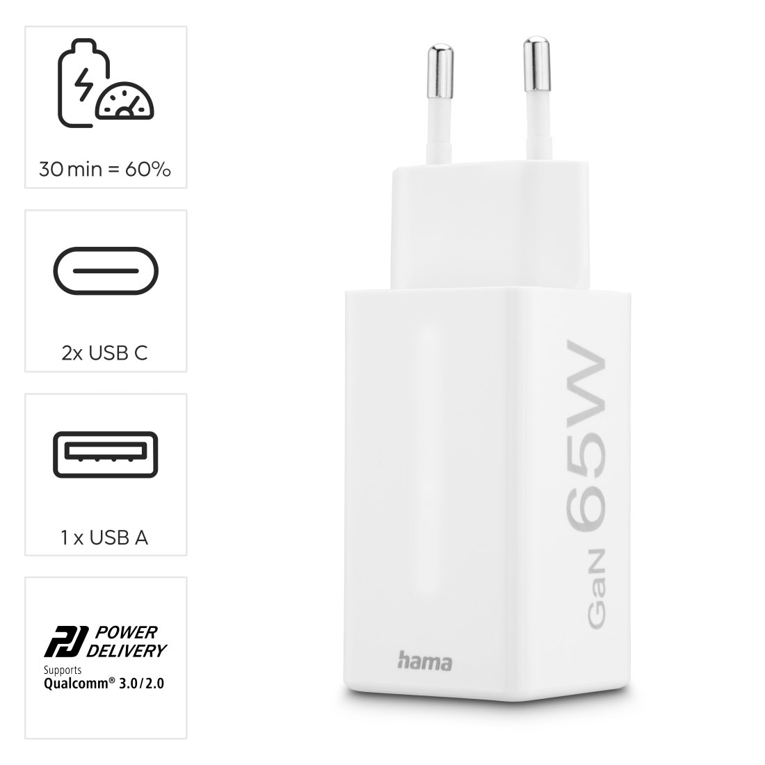 Hama Schnelllade-Gerät »USB-Ladegerät (Schnellladegerät, Netzteil, 2x USB-C, 1x USB-A, 65 W)«, (1 St.)