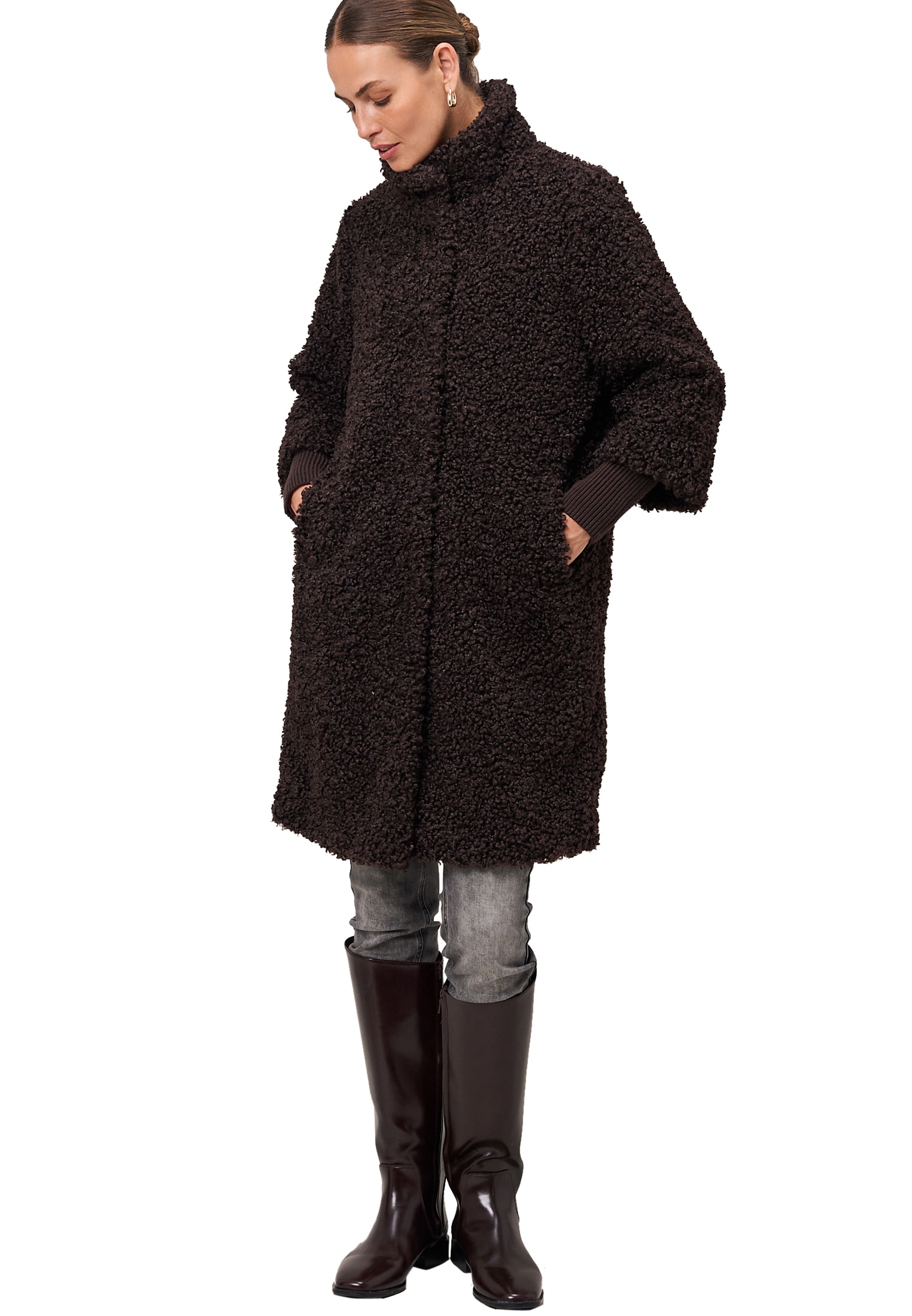 Zero Fellimitatmantel »zero Damen Teddymantel mit Stehkragen«