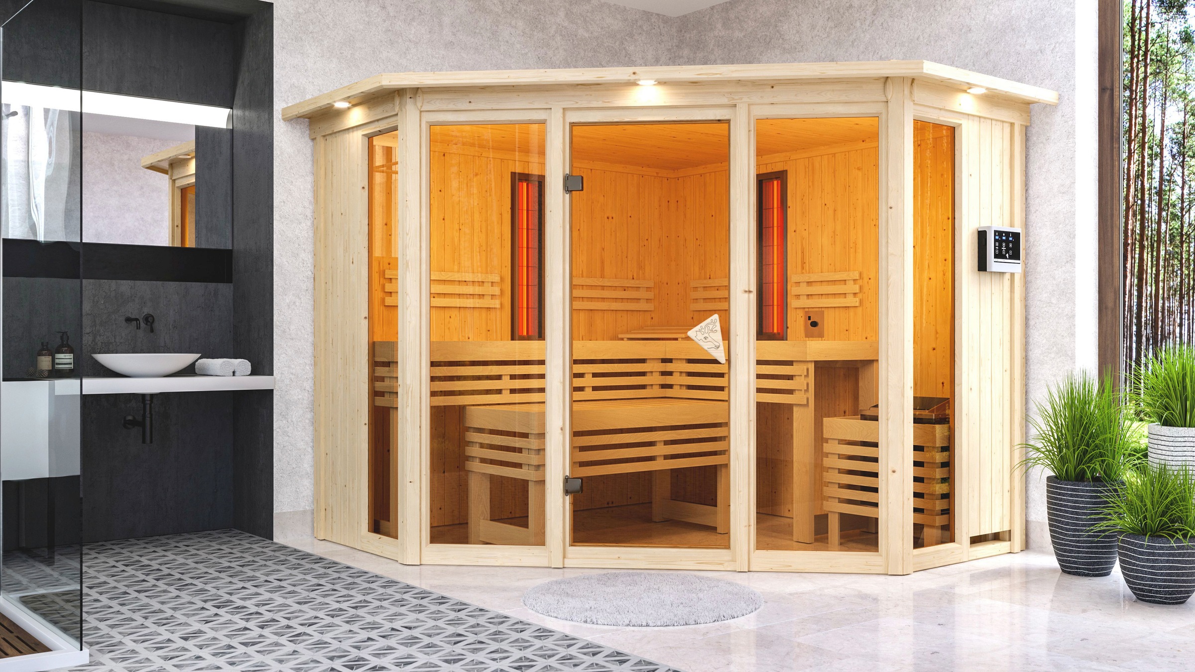 Karibu Sauna »Adele«, (Set), 9-kW-Ofen mit externer Steuerung, inkl. 2 Infrarot-Vitalightstrahlern