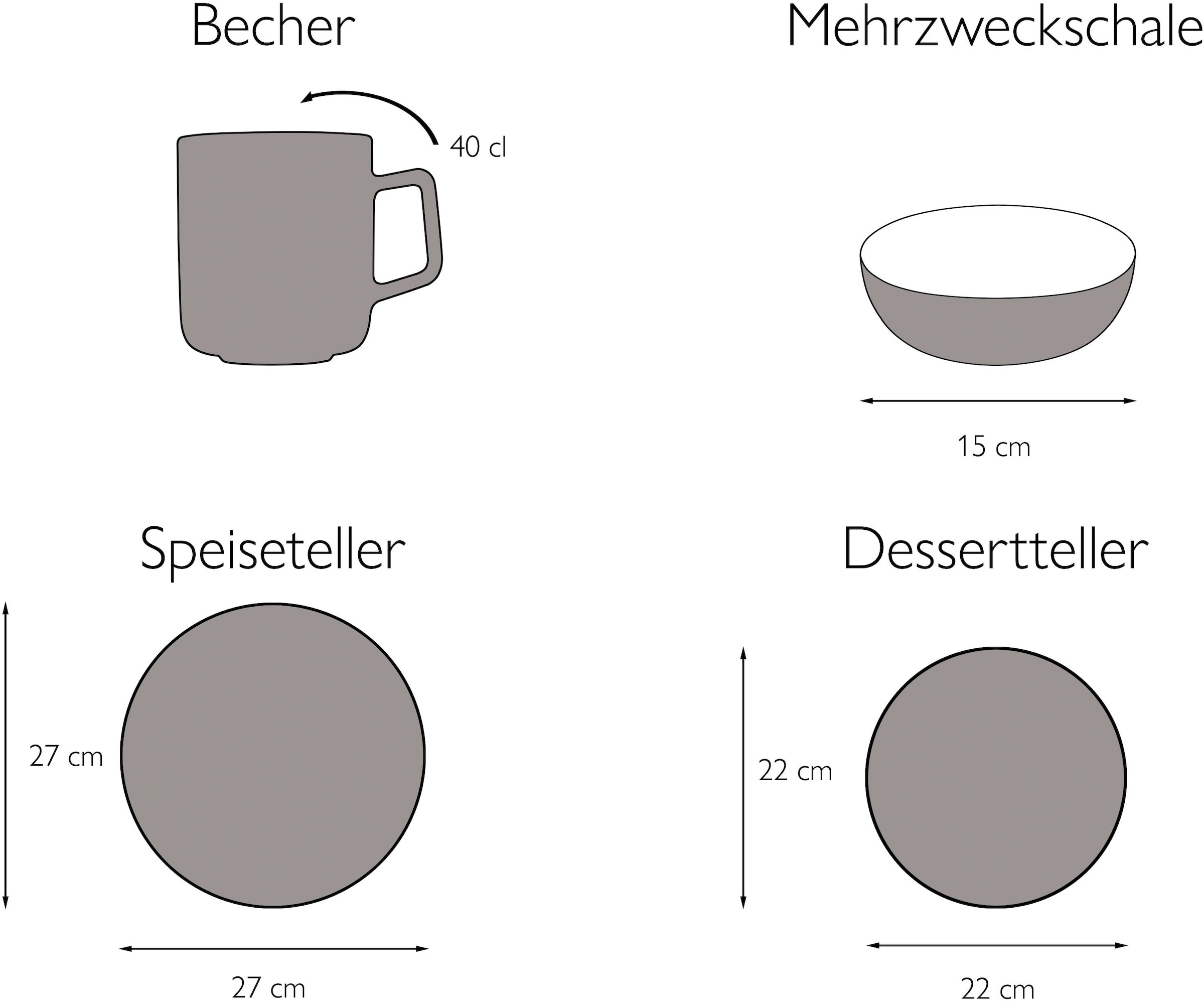 CreaTable Kombiservice »Geschirr-Set Stack«, (Set, 16 tlg., Kaffeeservice und Tafelservice im Set, für 4 Personen), Service, glänzende Oberfläche, 4 Naturfarben, 16 Teile für 4 Personen