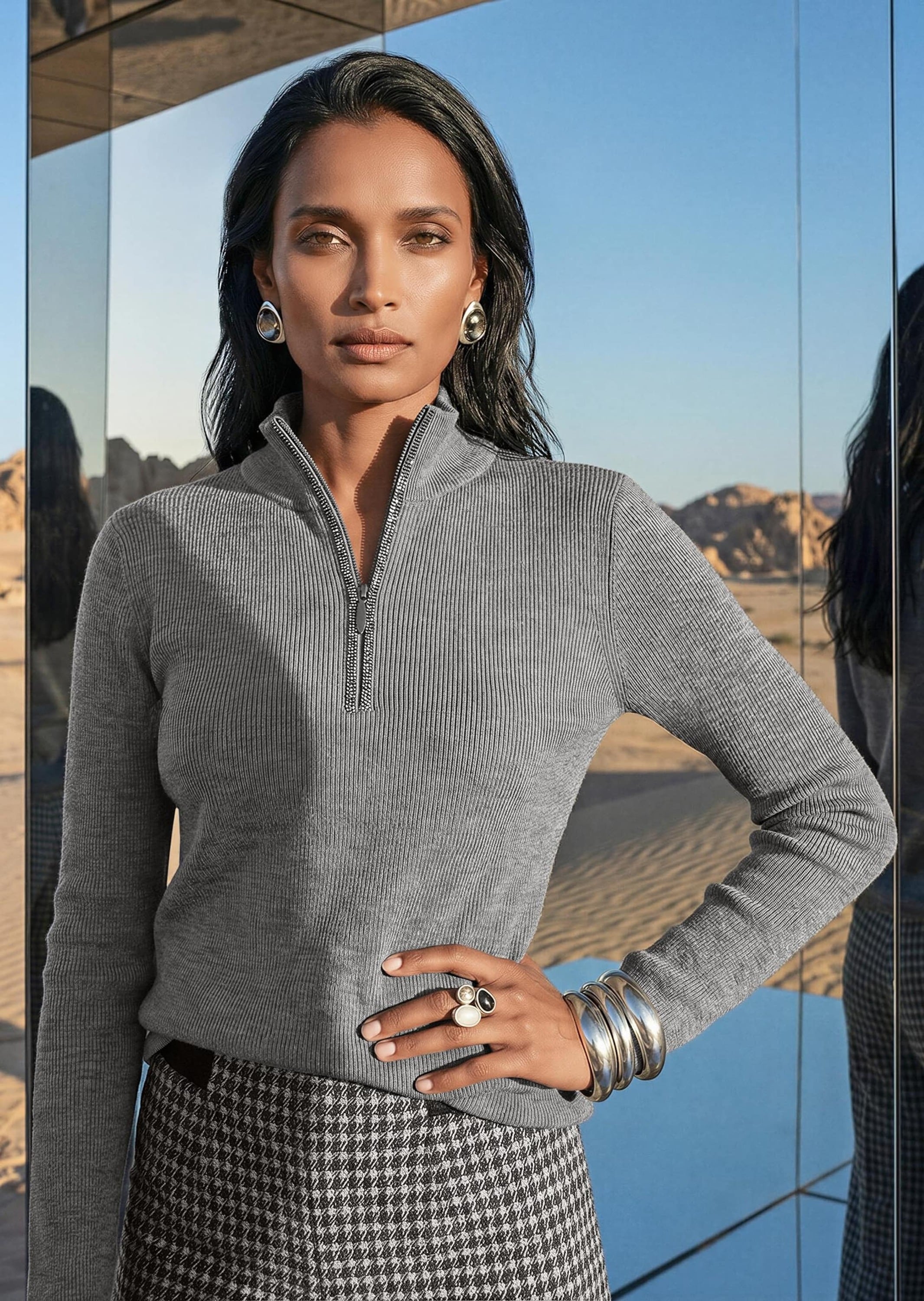 MADELEINE Longpullover »Pullover Troyer mit Stehkragen und Zipper«