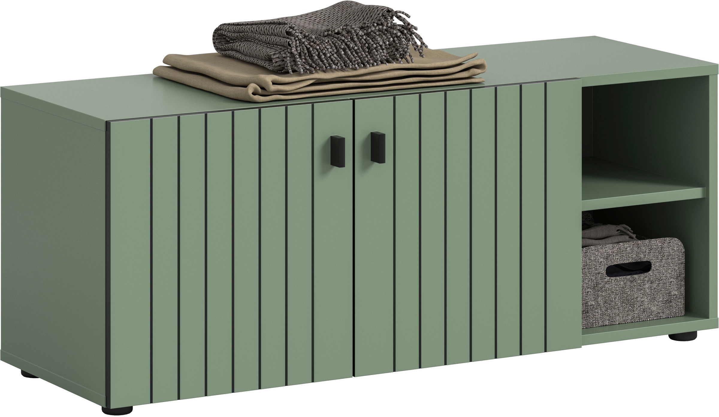 Sitzbank HOME AFFAIRE "TATIO, 106x43x37 cm, 2 Türen, 2 offene Fächer", smoke grün nachbildung, B:106cm H:44cm T:37cm, FSC-zertifizierter Holzwerkstoff, Sitzbänke, Sitzbank, Garderobensitzbank, Sitzbank Flur mit Stauraum, Sitzkissen wählbar 2
