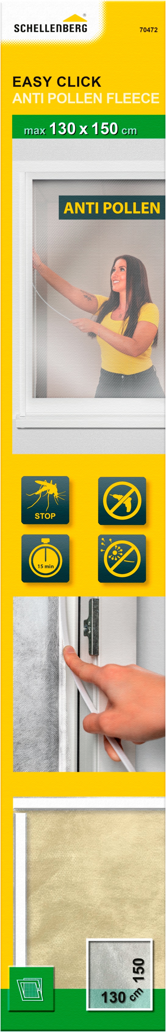 SCHELLENBERG Insektenschutz-Fensterrahmen "Simply Click Plus mit Pollenschutzvlies für Fenster" Set, 1 Stk. tlg. Fliegengitter zum einklicken ohne bohren, 130 x 150 cm, anthrazit