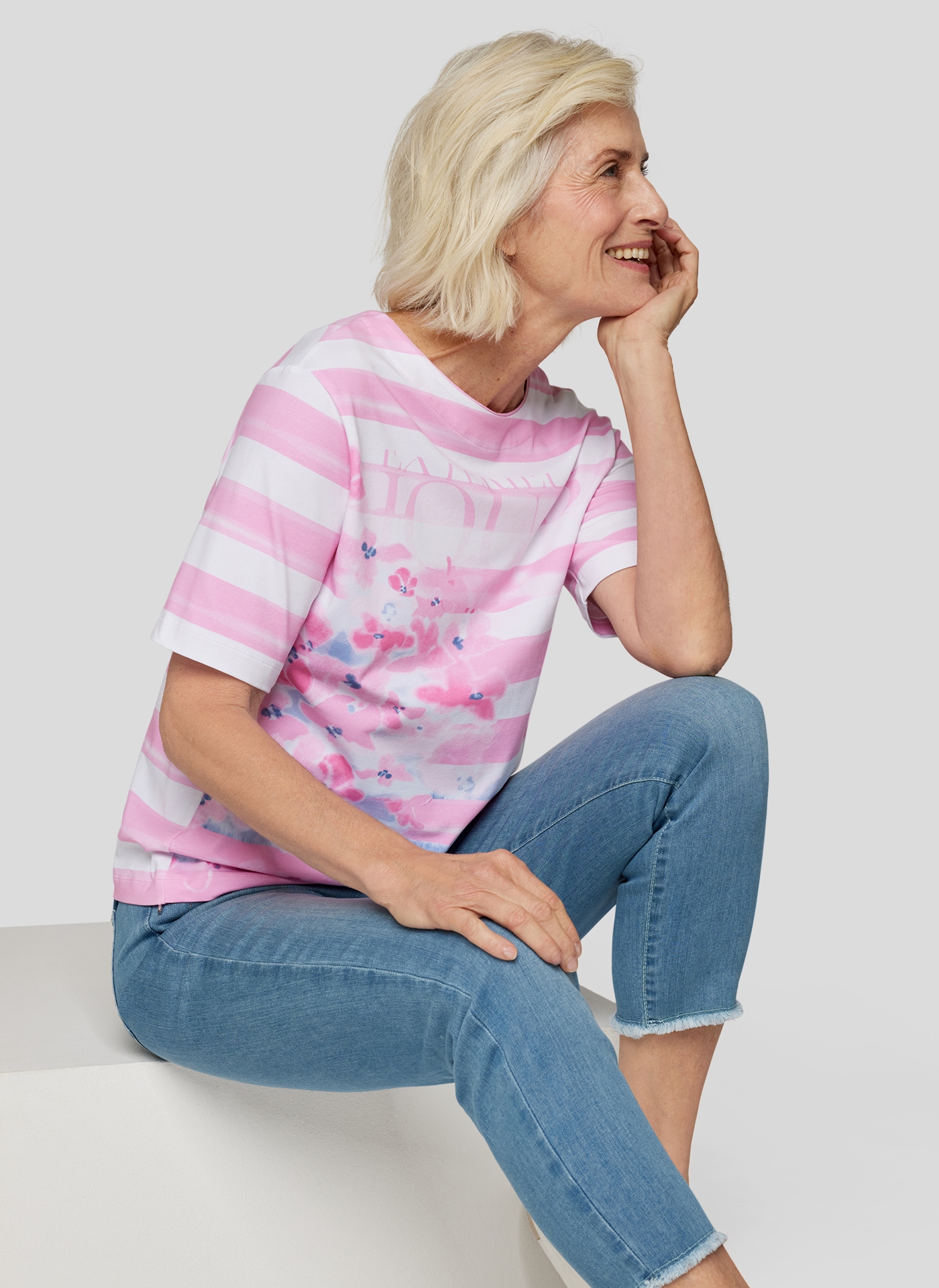 Rabe Rundhalsshirt, mit Streifen und floralem Muster