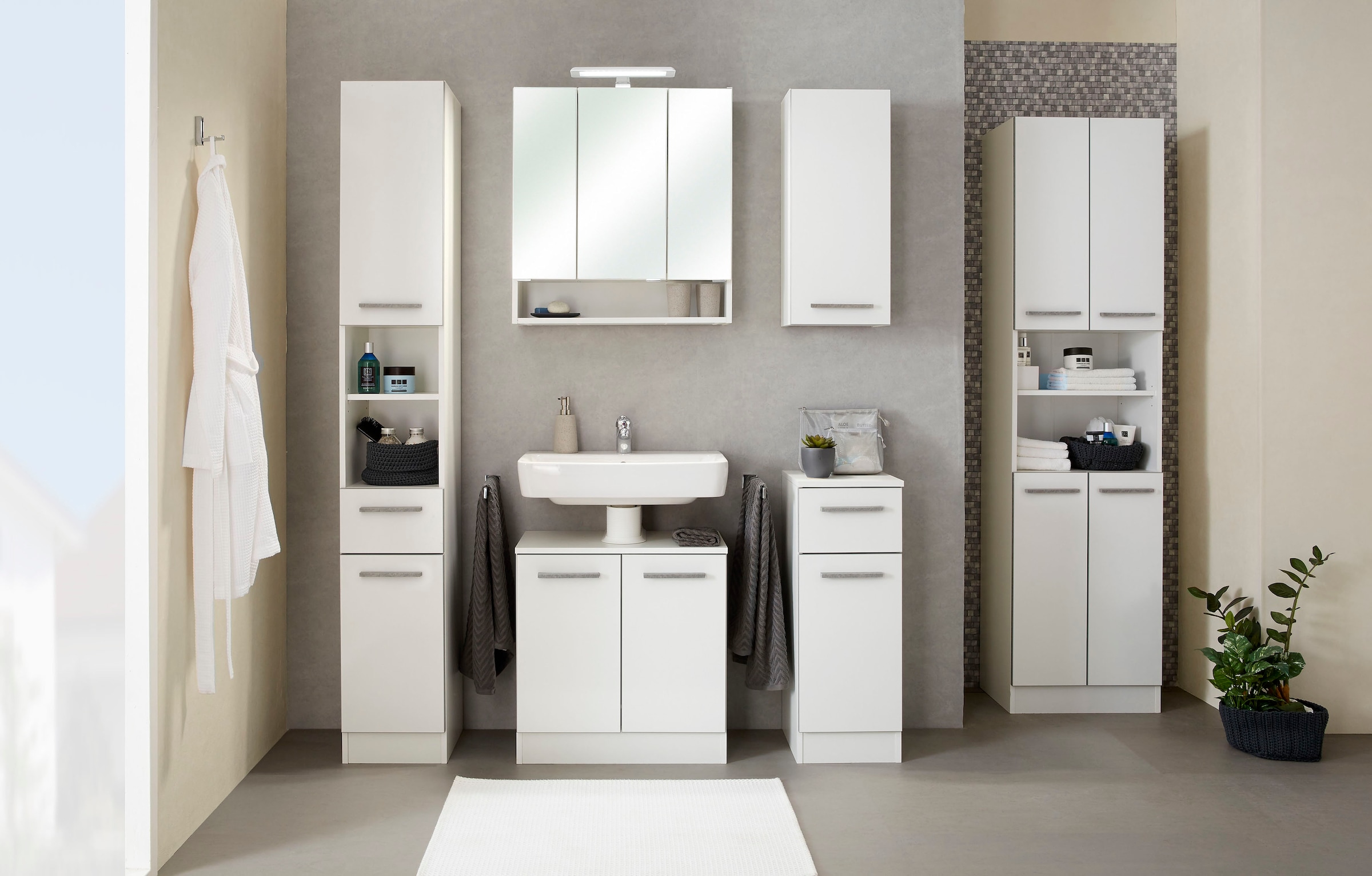 Saphir Hochschrank »Quickset 953 Badschrank 30 cm breit, 2 Türen, Nische, 1 Schublade«, Badezimmer-Hochschrank, Weiß Glanz, Griffe in Betonoptik