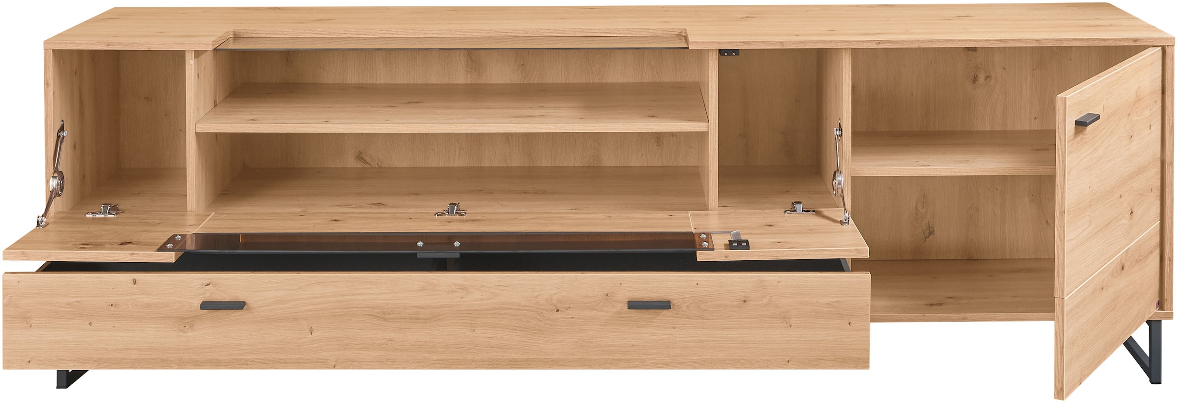 set one by Musterring TV-Schrank »Deltona«, inkl. LED-Beleuchtung, Metallkufe, Glasklappe, B214 x H 67 cm