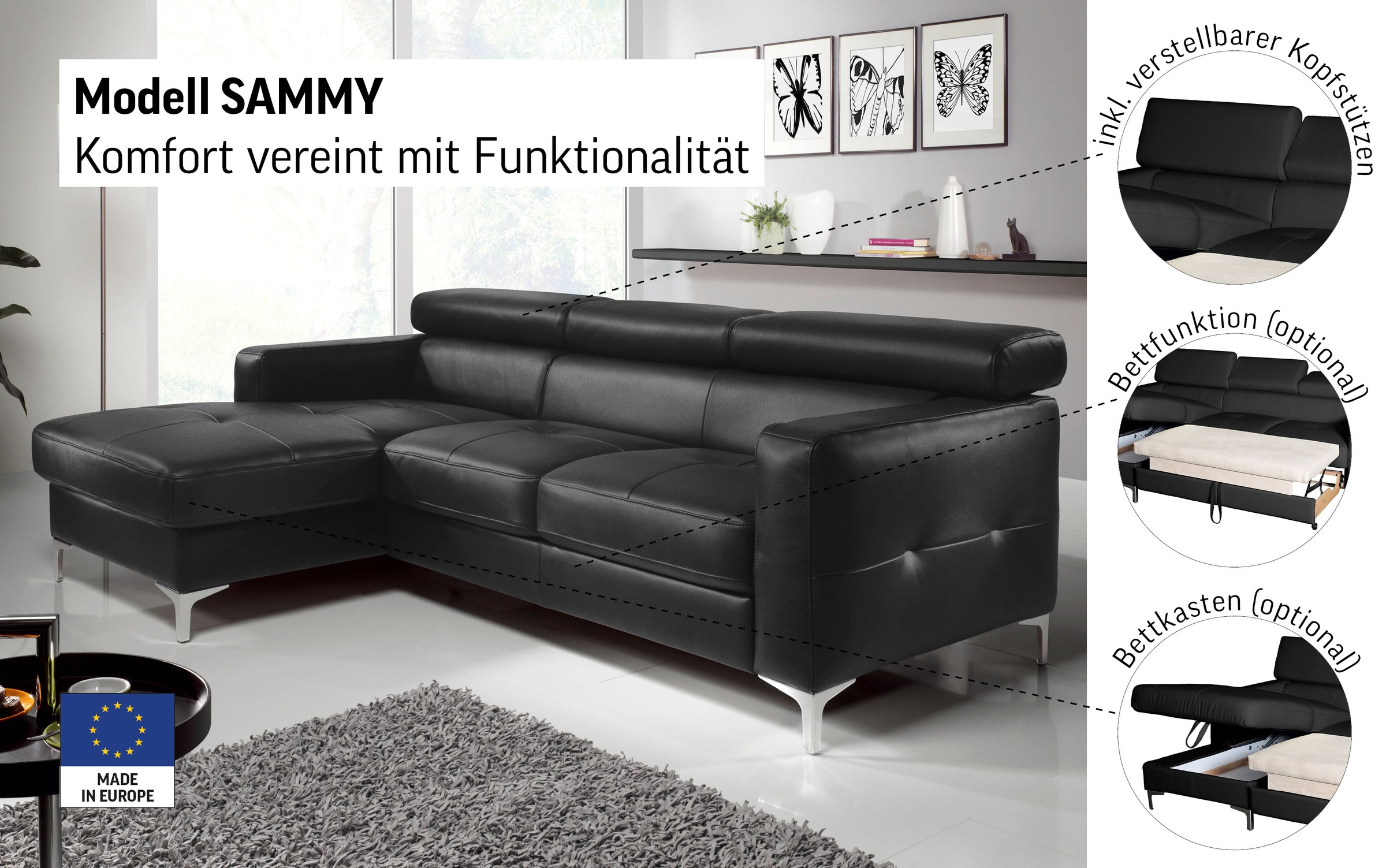 COTTA Ecksofa »Sammy L-Form«, mit Kopfteilverstellung, wahlweise mit Bettfunktion & Bettkasten