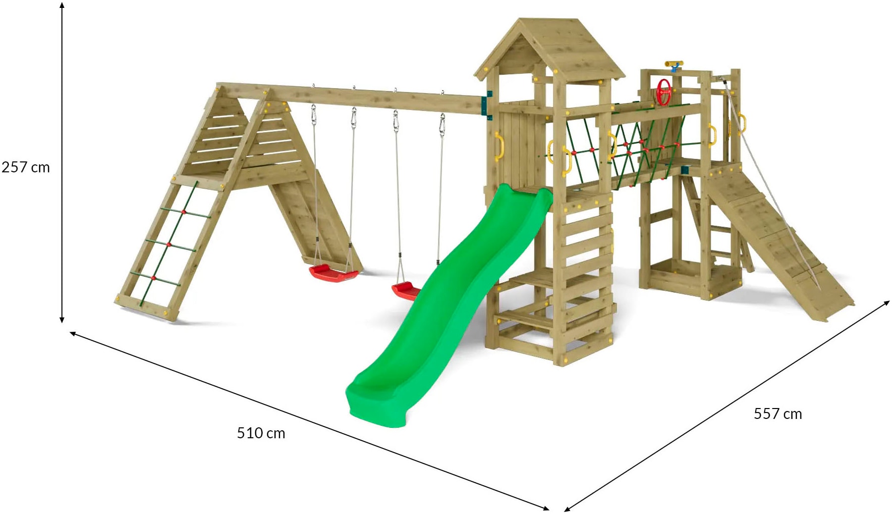 FUNGOO Spielturm »Maxi Funny Carnival«, (Packung), Spielturm mit Rutsche, Schaukeln, Kletterwand und Seilbrücke