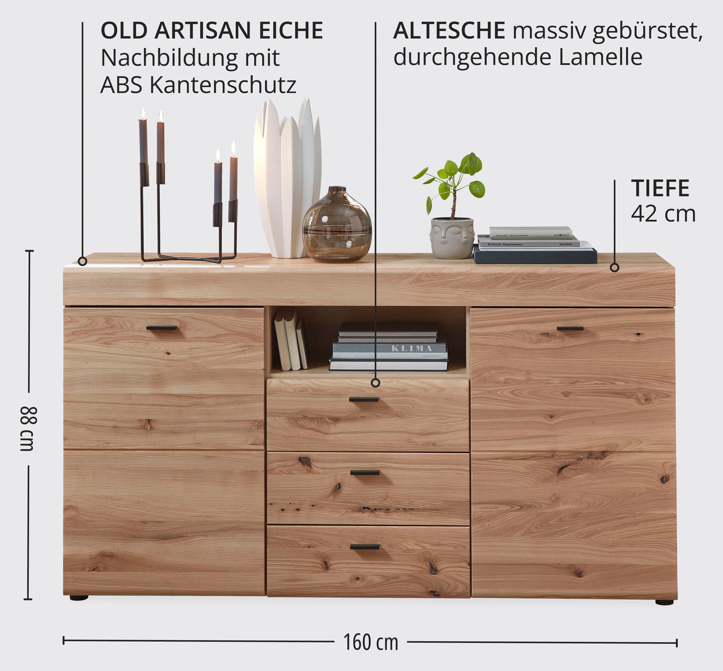 Wohnconcept Sideboard »Malaga Sideborad, 160x88x42 (BxHxT)« 1 Stk. tlg. Front Massivholz, 2 türig, 3 Schubladen, Softclose