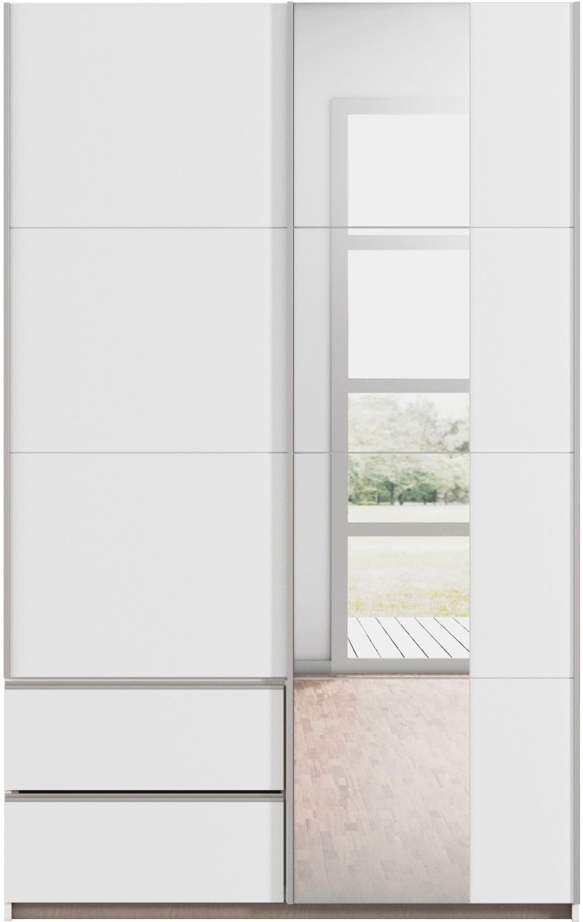 rauch Schwebetürenschrank »Kleiderschrank Schrank Garderobe Wäscheschrank SEVILLA mit Spiegel«, (in 3 verschiedenen Ausstattungen BASIC/CLASSIC/PREMIUM), Metall-Griffleisten alufarben oder Graumetallic MADE IN GERMANY
