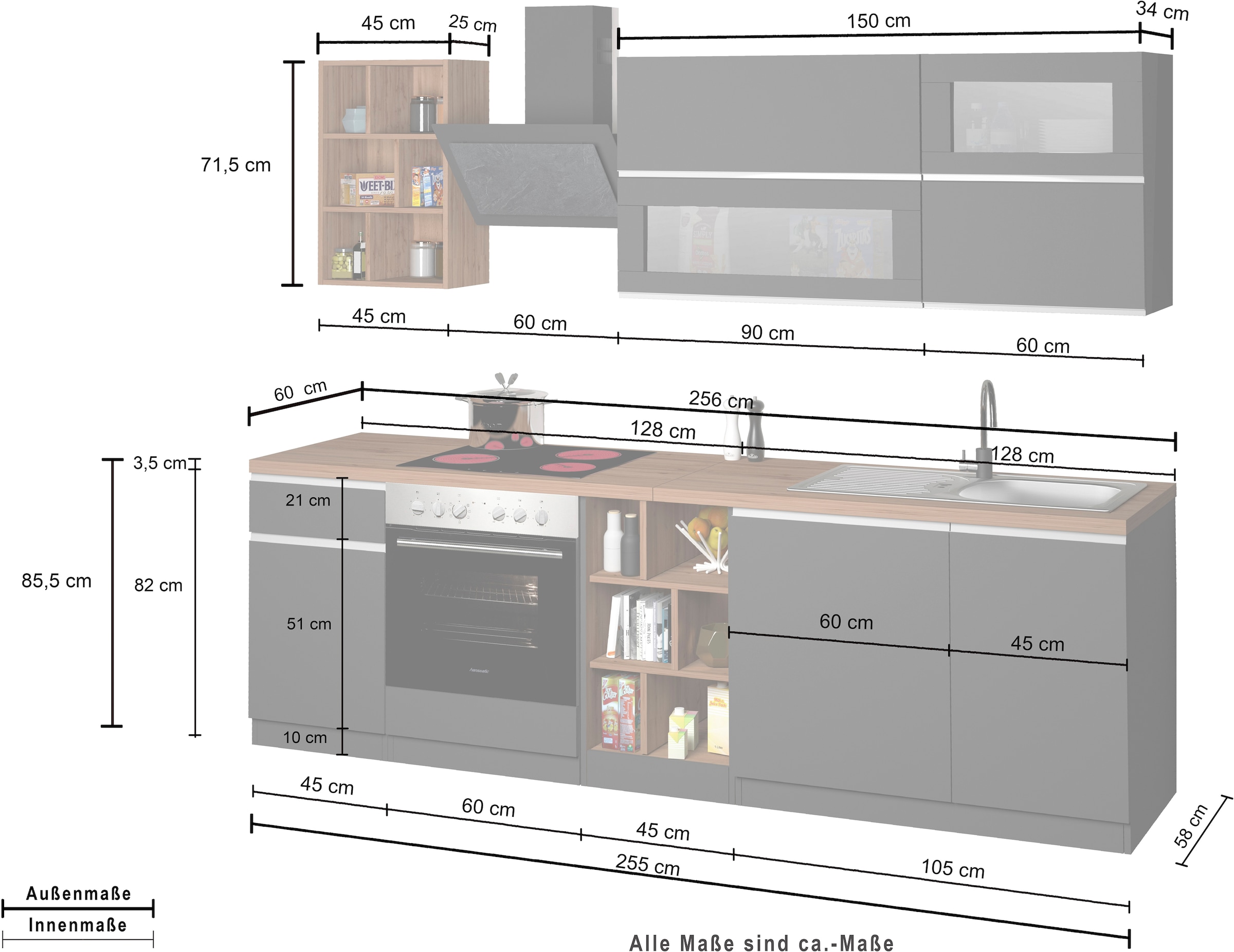 KOCHSTATION Küchenzeile »KS-Sole«, Breite 256 cm, Hängeregal, Geschirrabtropfschrank, ohne E-Geräte