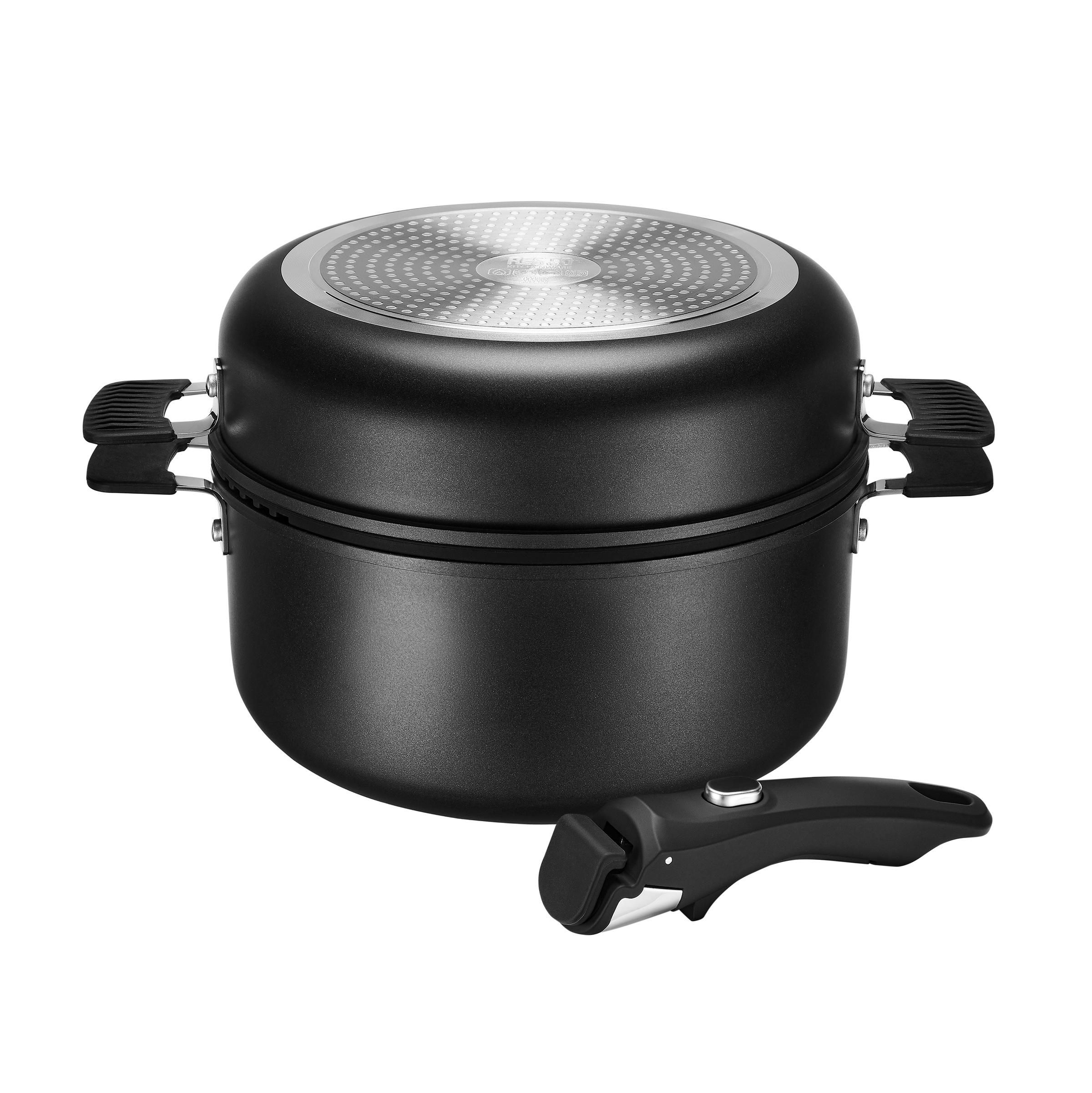 RESTO Kitchenware Topf-Set »SAVE & STOCK Multifunktionales Stapelbares Set im Geschenkkarton« Set, 1x Soßentopf, 2x Kochtopf, 2x Bratpfanne, 1x Griff, 2x Deckel, 8 tlg. Aluminium