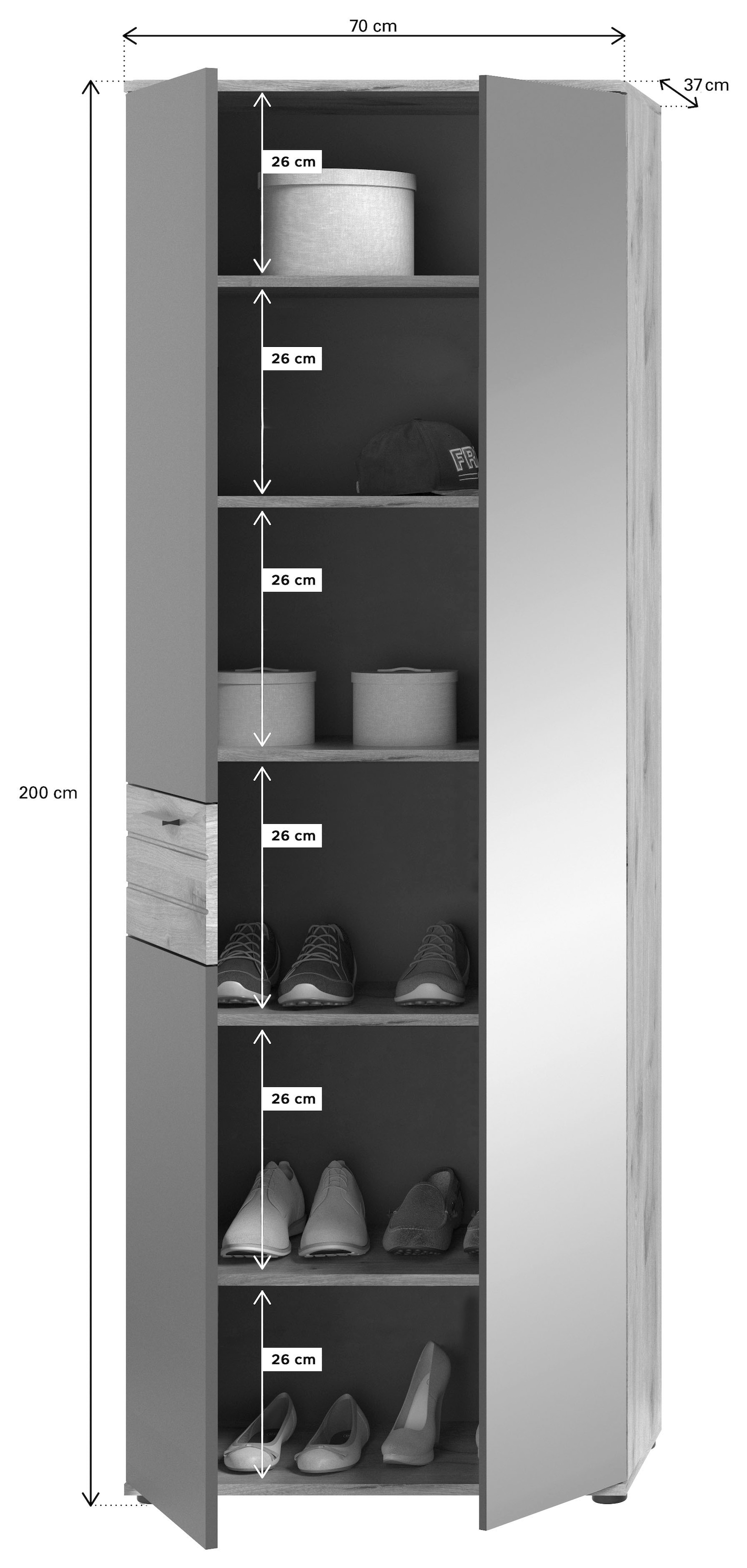 INOSIGN Garderobenschrank »Riga, Höhe 200 cm, 2 Türen, 4 Einlegeböden, 1 Kleiderstange«, mit Softclose, Kleiderstange ausziehbar,universal einsetzbarer Schrank