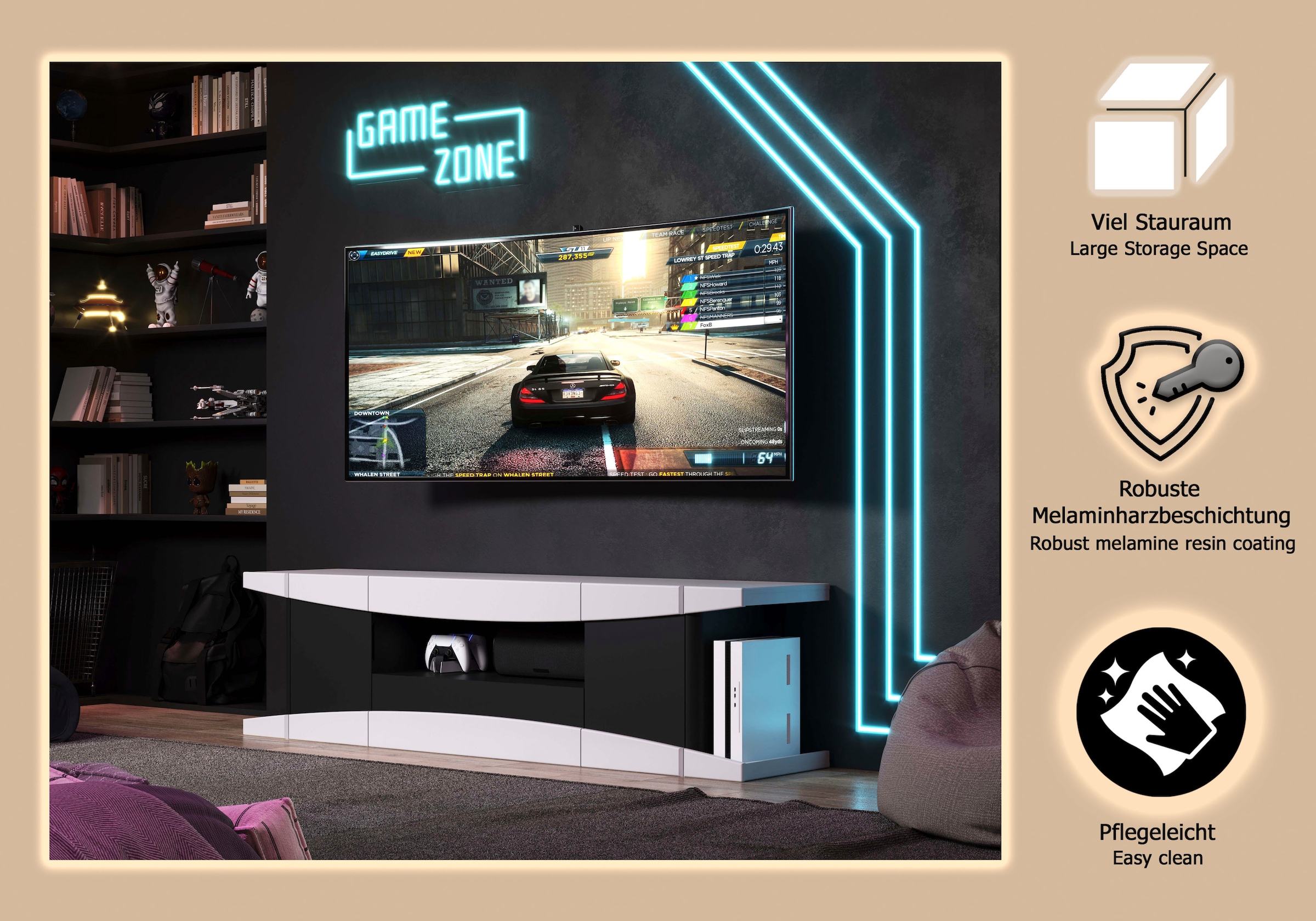 INOSIGN Lowboard »NextLevel speziell geeignet für Spielekonsolen« Gaming-Lowboard wahlweise mit Beleuchtung - (B/T/H) 180/42/52 cm