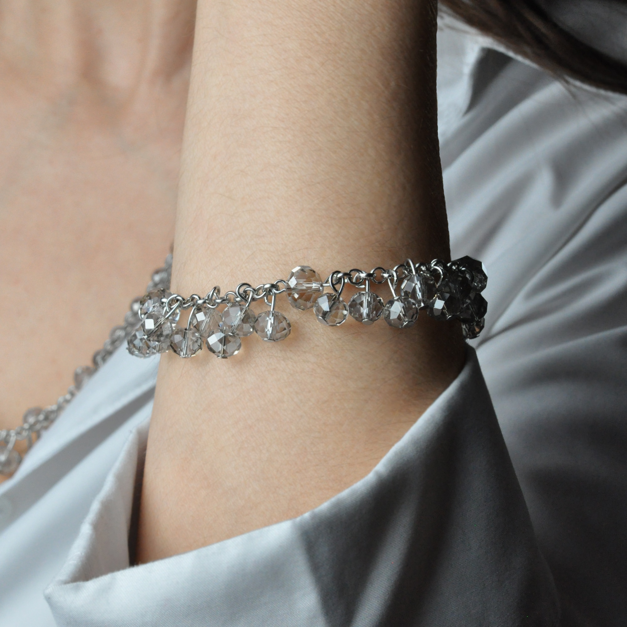 Steuer Collier-Set »Collier Armband silberfarben Ankerkette Glas Perle grau«