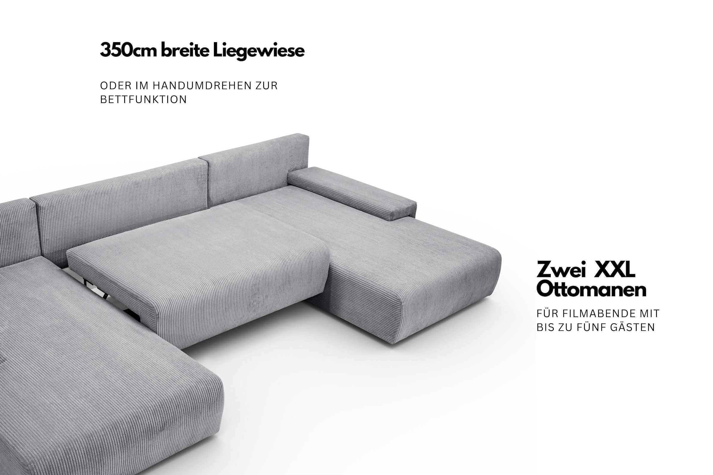 WERK2 Wohnlandschaft »Amalfi« XXL Design Wohnlandschaft in Cord mit Schlaffunktion & Bettkasten
