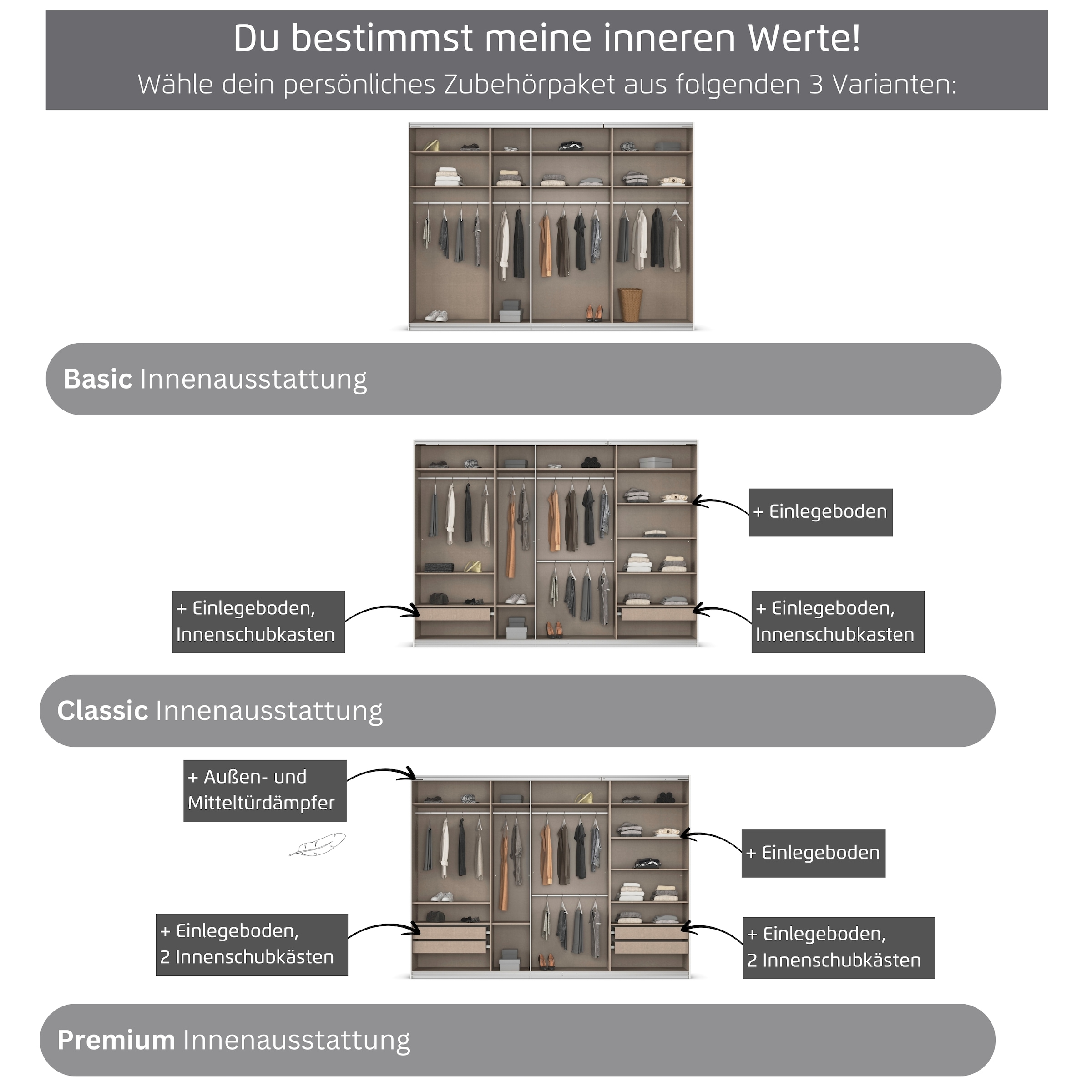 rauch Kleiderschrank »Schwebetürenschrank OTTO´s Choice Garderobe Schrank TOP ANGEBOT Avola«, (in 3 verschiedenen Ausstattungen BASIC/CLASSIC/PREMIUM inkl. Spiegel), mit eleganten Zierleisten in Chrom, Schwarz oder Weiß MADE IN GERMANY