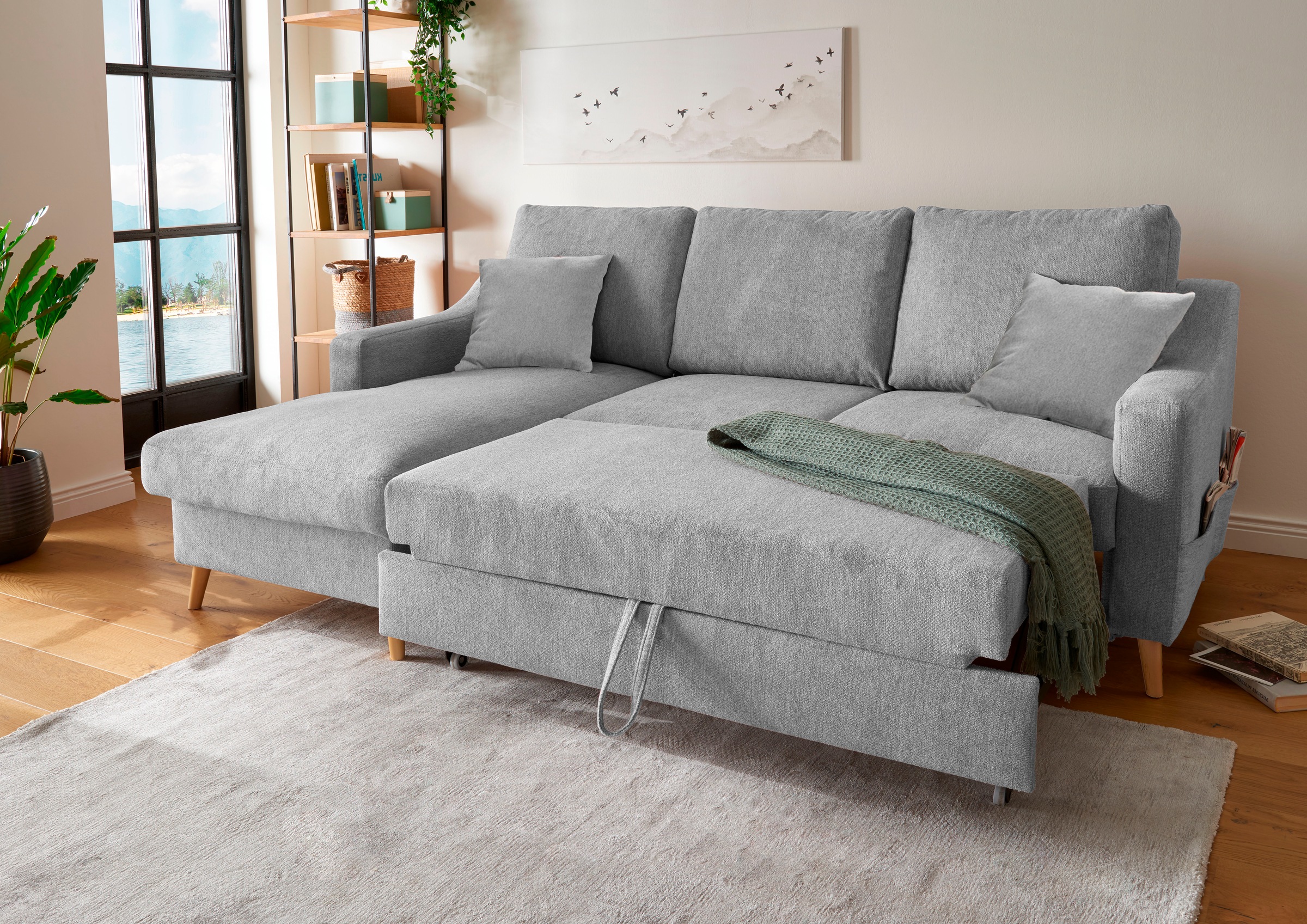 INOSIGN Ecksofa »Valentina L-Form«, 2 Zierkissen, mit Seitentasche, ausziehbarer Liegefläche, Bettkasten