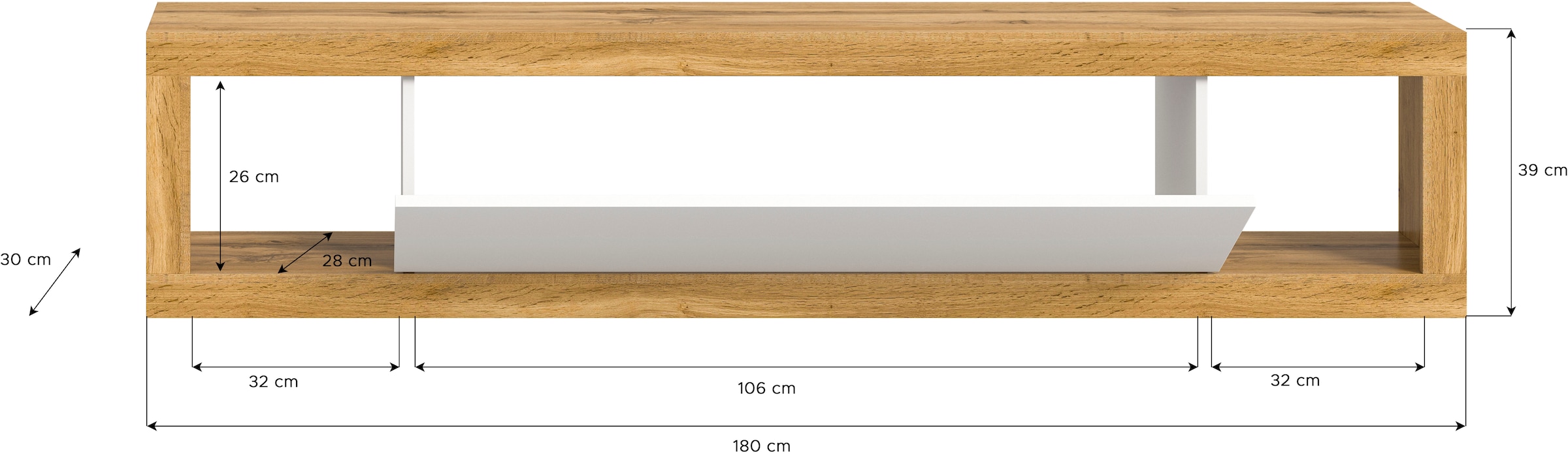INOSIGN Lowboard »Trinity, Breite 180 cm, stehend und hängend, 1 Klappe,«, 2 offene Fächer, grifflose Fronten, TV-Möbel, TV Schrank, Hängeschrank