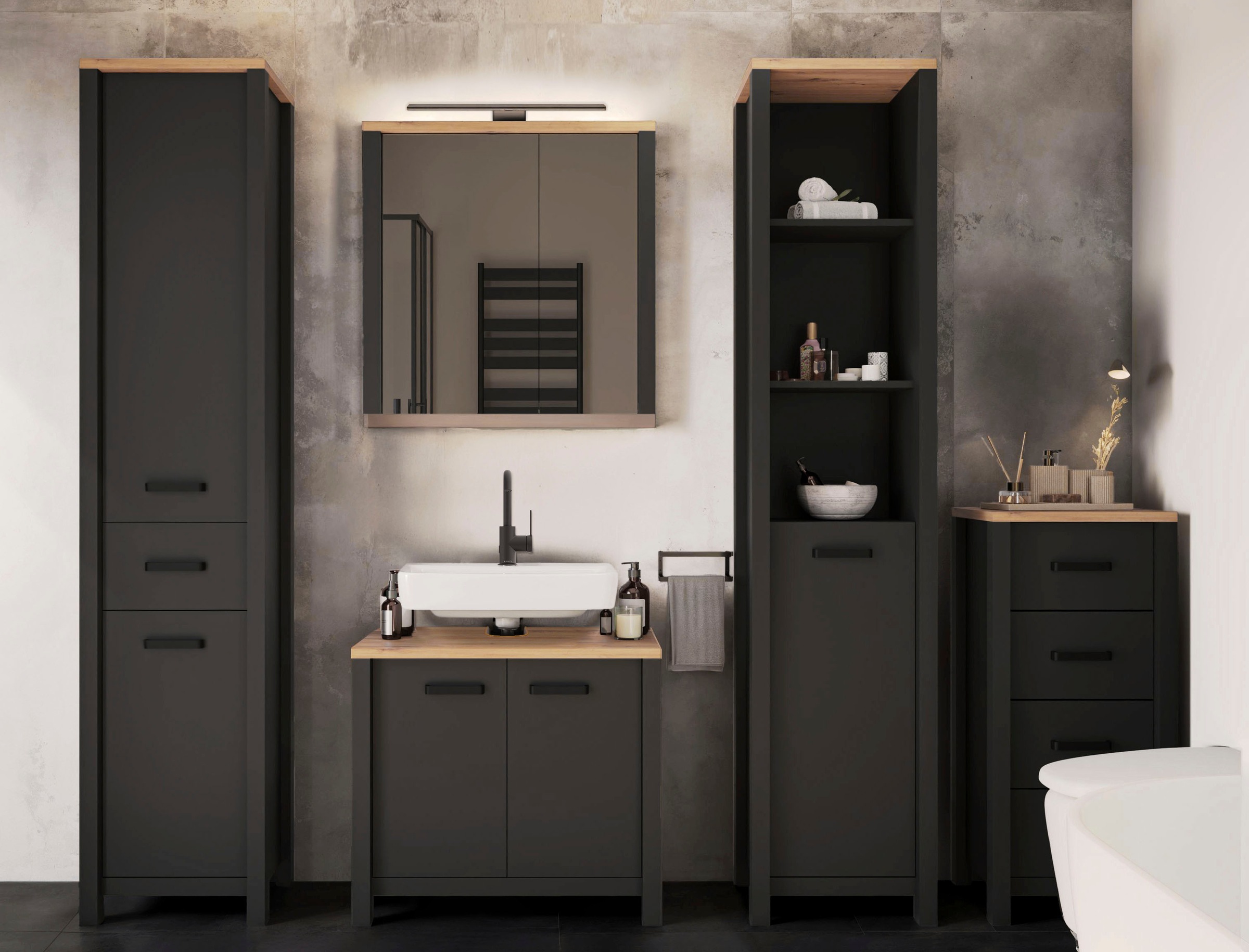 Inter Link Highboard »Carbona, Badschrank, Anthrazit/Artisan Eiche Nachbildung, Platzsparend« 1 Stk. tlg. Midischrank mit 4 Schubladen, 42 x 40 x 94 cm, Skandi Look