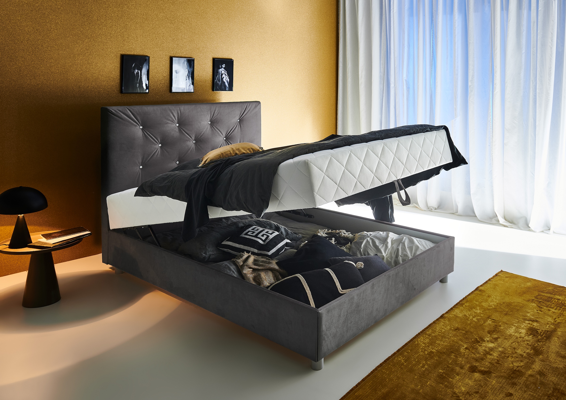 ATLANTIC home collection Boxbett »CELIA im hochwertiger Samtoptik«, mit Taschen-Federkernmatratze, Bettkasten und Strass-Steinen