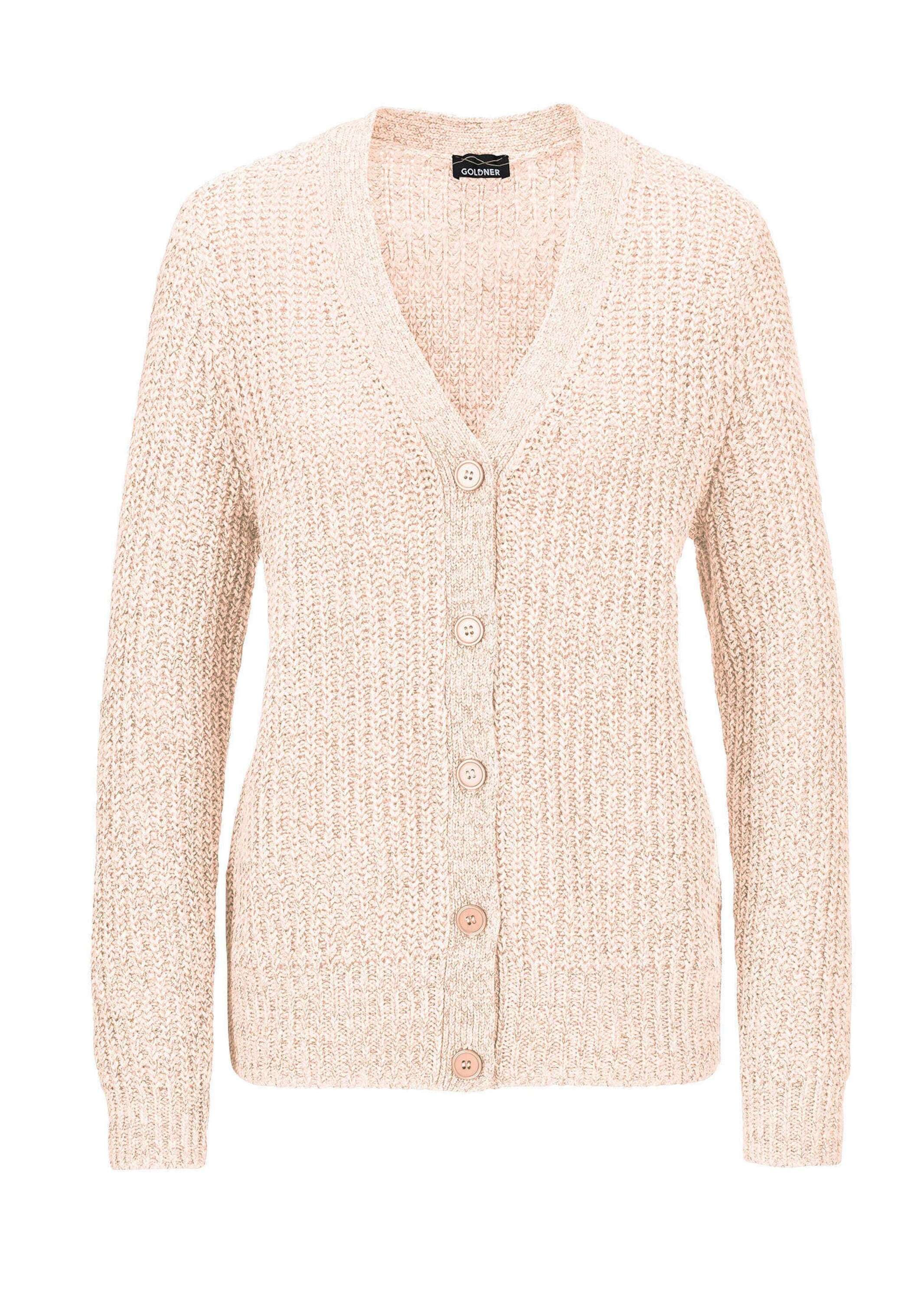 Strickjacke GOLDNER "Kurzgröße Langarm Strickjacke mit V-Ausschnitt", Damen, Gr. 20, rosa (rosé, weiß, gemustert), Obermaterial: 54% Baumwolle CO. 27% Polyacryl PAN. 19% Polyester PES., Basic, normal, Rippe, Strickjacken Strickjacke, Knopfleiste